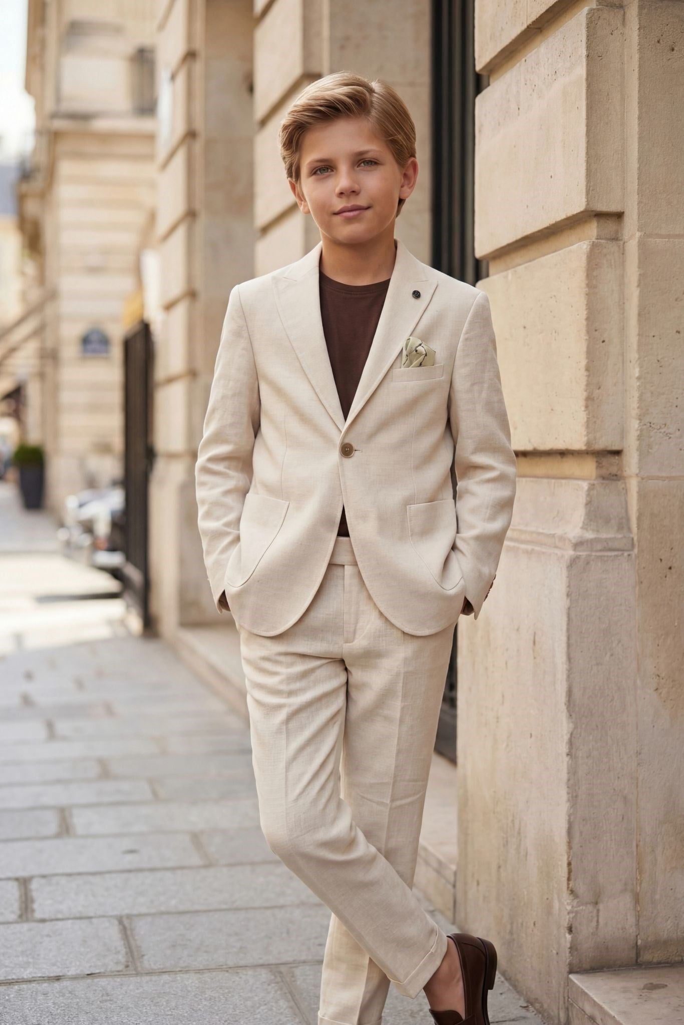 Erkek Çocuk Krem Keten Krep Takım Elbise  Blazer Ceket Pantolon Pamuklu Tişörtlü Şık Kombin 8-14 Yaş