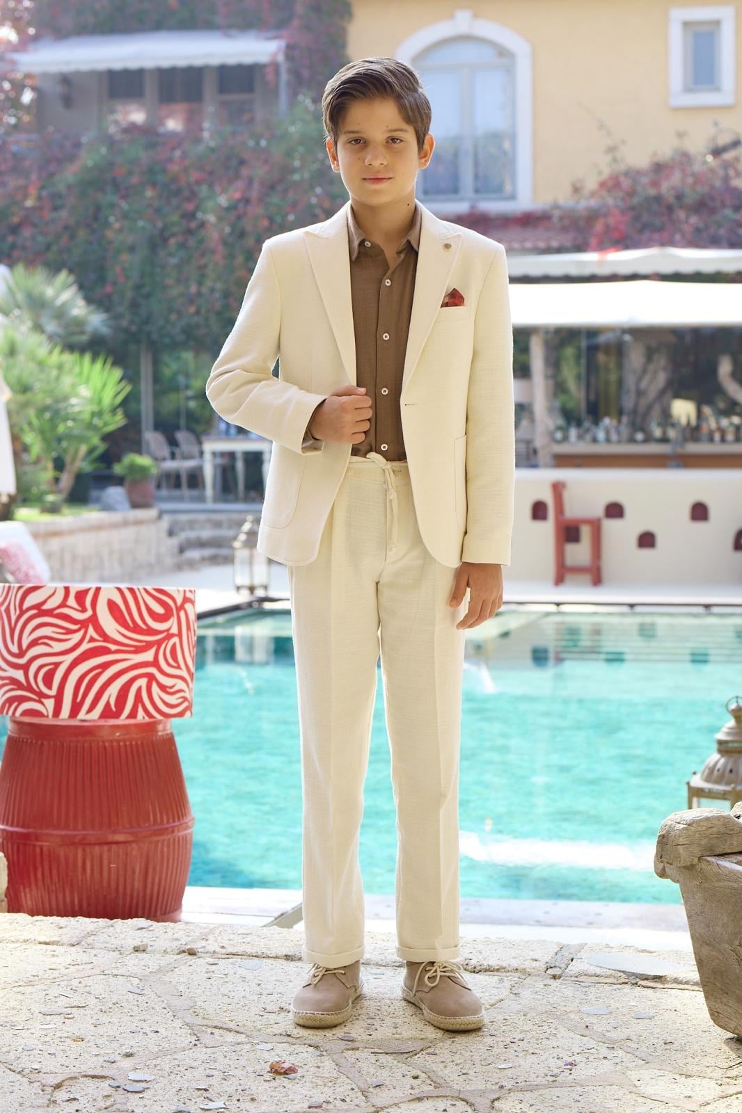 Erkek Çocuk Krem Keten Krep Takım Elbise Blazer Ceket Pantolon Pamuklu Gömlek Şık Kombin 8-14 Yaş