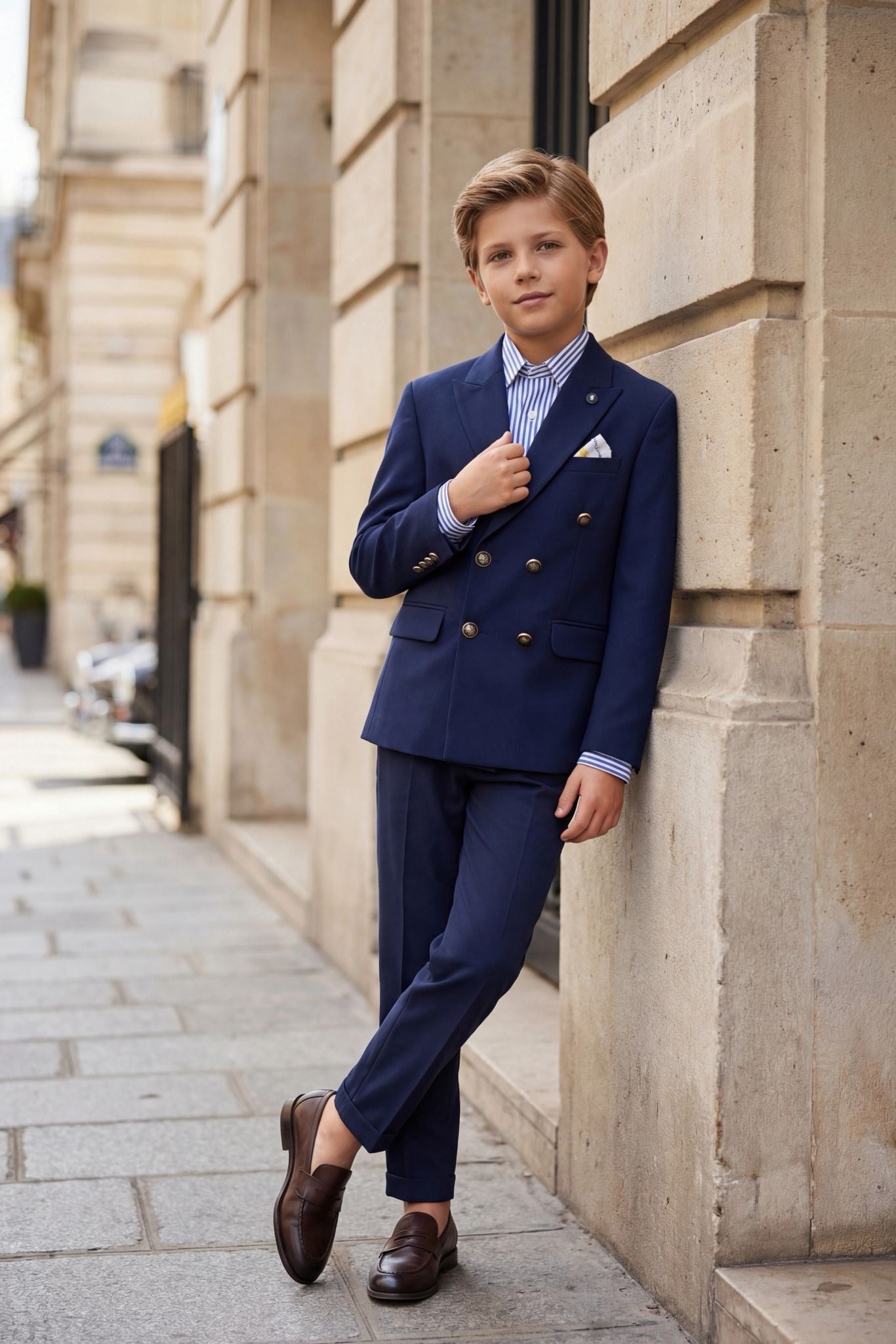  Erkek Çocuk Kruvaze Takım Elbise  Pamuk Çizgili  Gömlekli Premium Koleksiyon Takım Elbise 8-14 Yaş