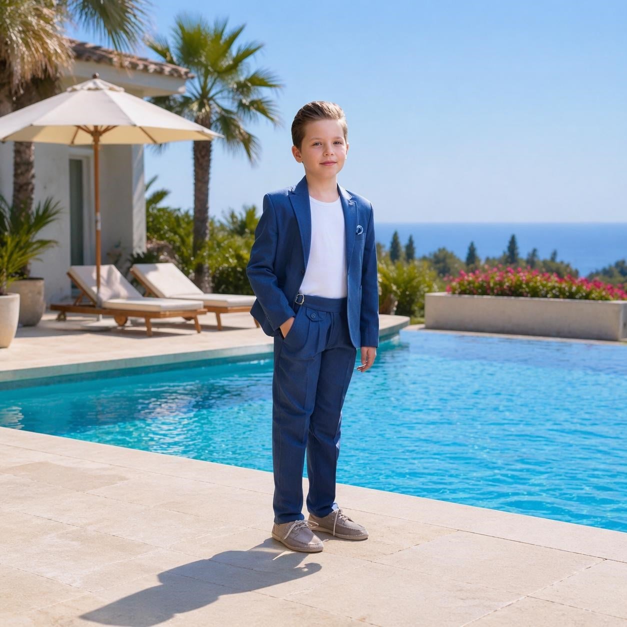 Erkek Çocuk indigo Keten Krep Takım Elbise  Blazer Ceket Pantolon Pamuklu Tişörtlü Şık Kombin 8-14 Yaş