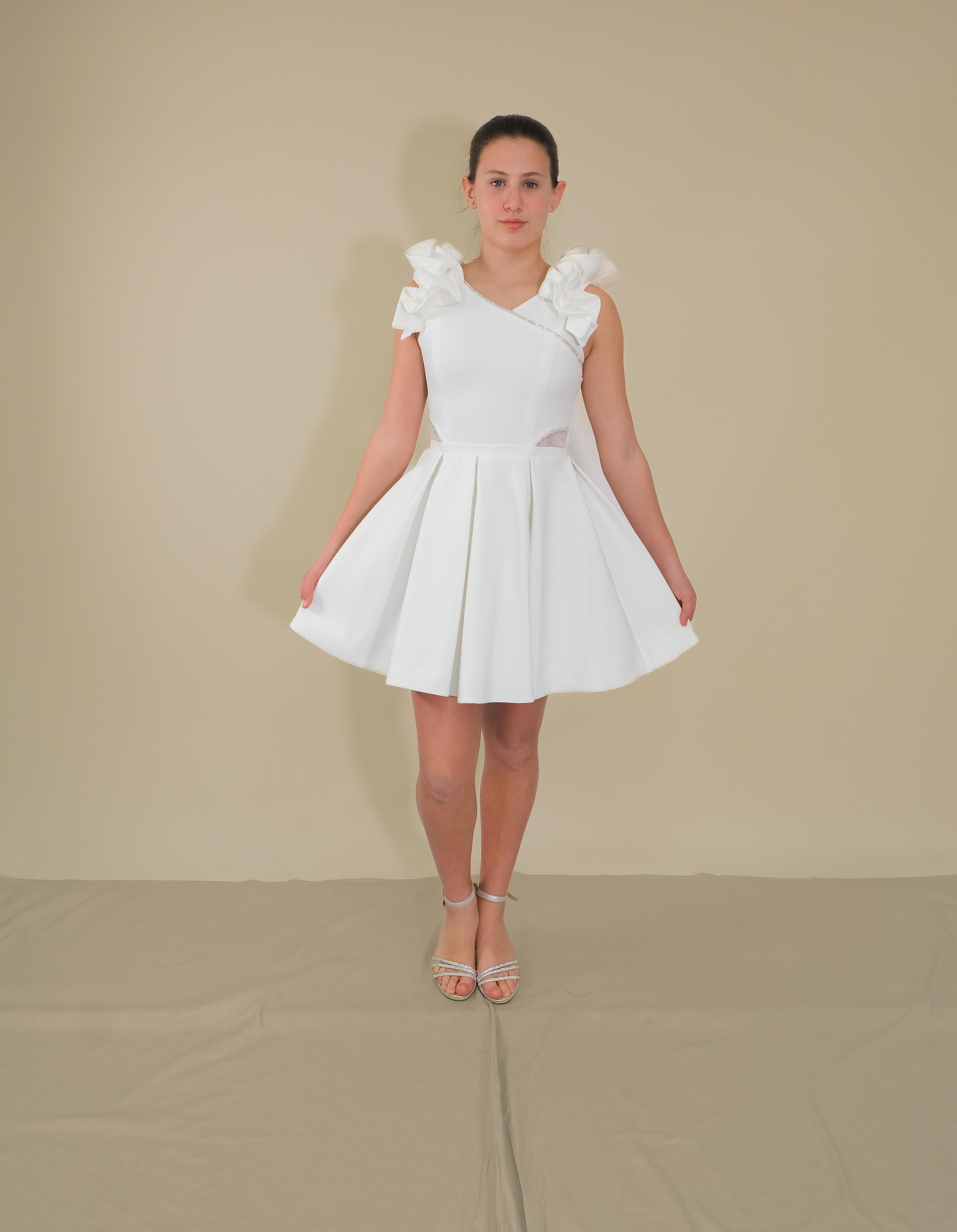 Kız Çocuk Abiye Krem Krep Kumaş  Kolları Farbalı Şerit Taş Detaylı Kısa Abiye Elbise 10-15 Yaş