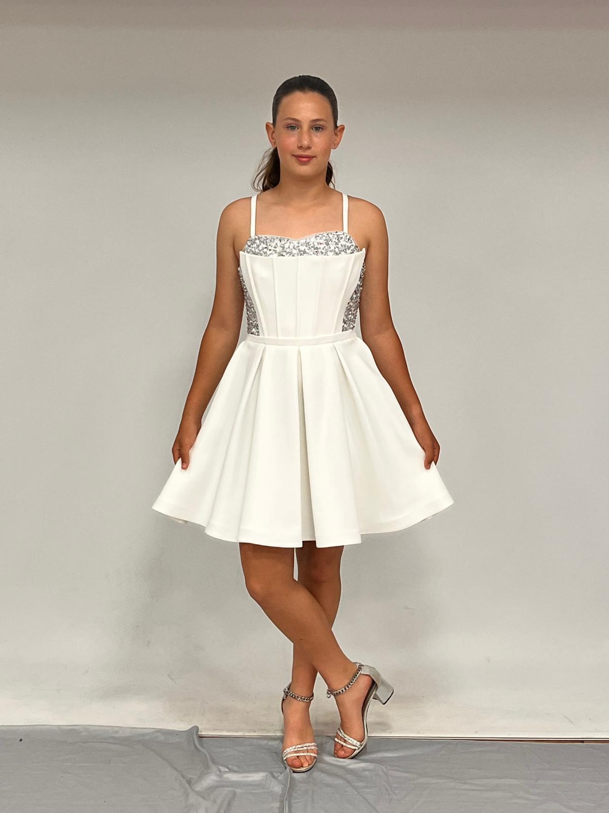 Kız Çocuk Abiye Krem Krep Kısa Pul  Payet İşlemeli Biyeli Korseli Kısa Abiye Elbise 10-15 Yaş