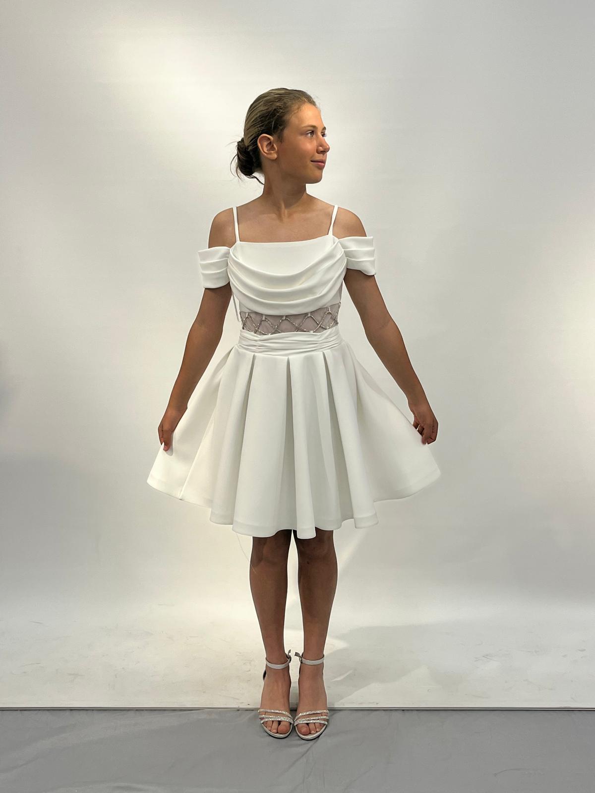 Kız Çocuk Abiye Krem Beli Tül Detaylı Kordonlu Kısa Krep Abiye Elbise 10-15 Yaş