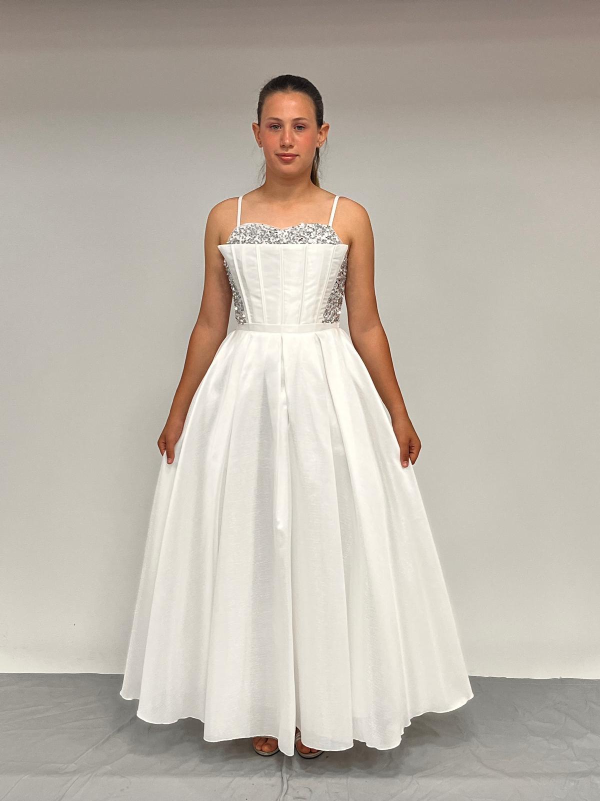 Kız Çocuk Abiye Krem Tafta Uzun Pül  Payet İşlemeli Biyeli Korseli Abiye Elbise 10-15 Yaş