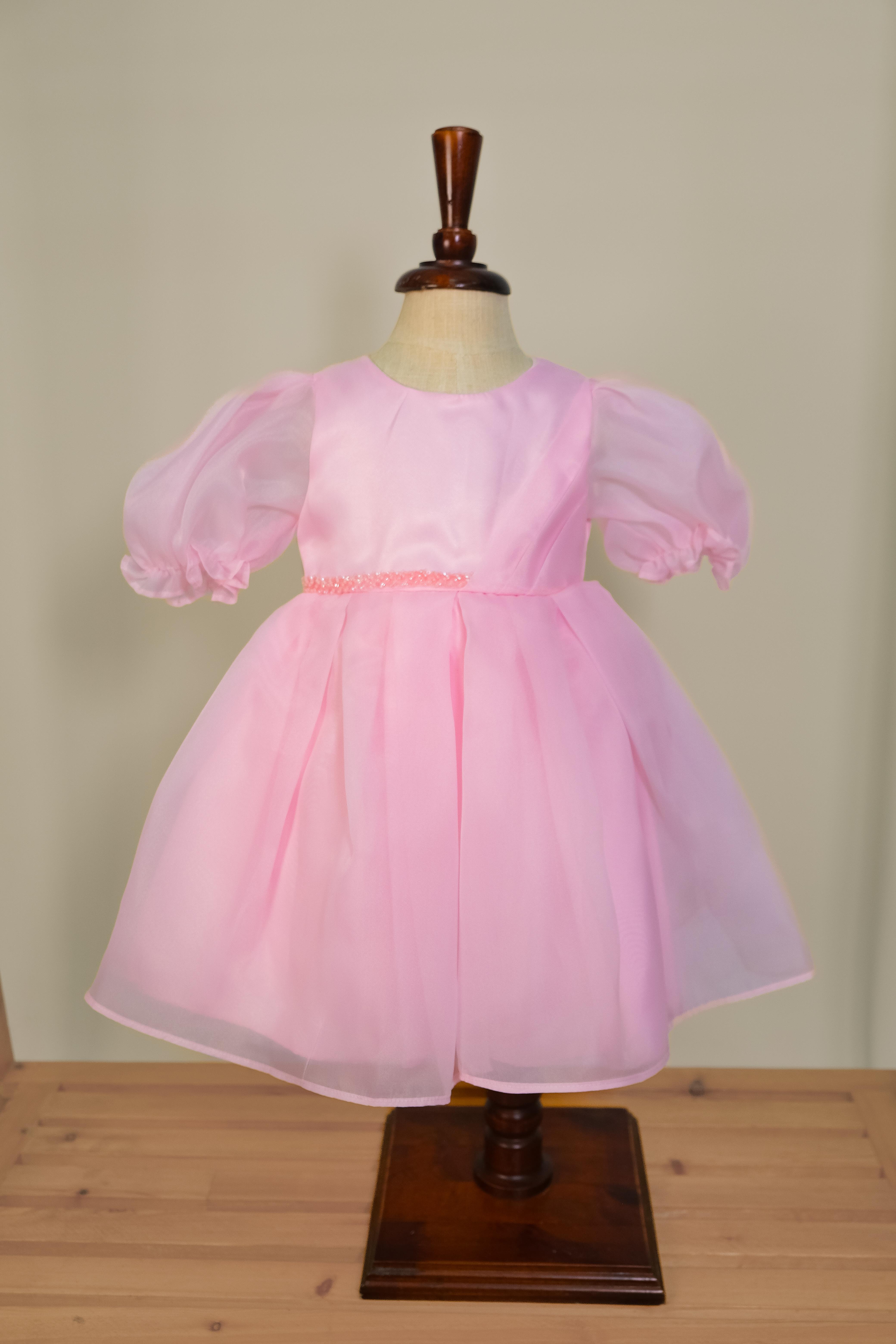 Kız Bebek Pembe Karpuz Kollu Taş Detaylı Abiye Elbise 1-5 Yaş