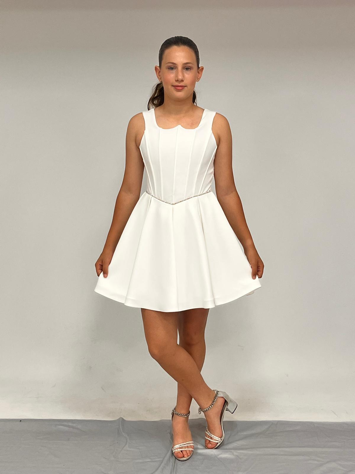 Kız Çocuk Abiye Krem Krep Kısa Bel İnce  Şerit Taş Detaylı Taş  Kısa Abiye Elbise 10-15 Yaş