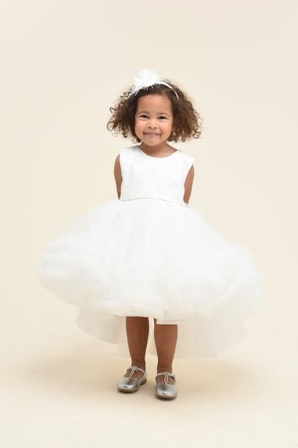 Kız Çocuk Krem Önü Kısa Arkası Kuyruklu Etekleri Farbalı Abiye Elbise+Taç 2-6 Yaş