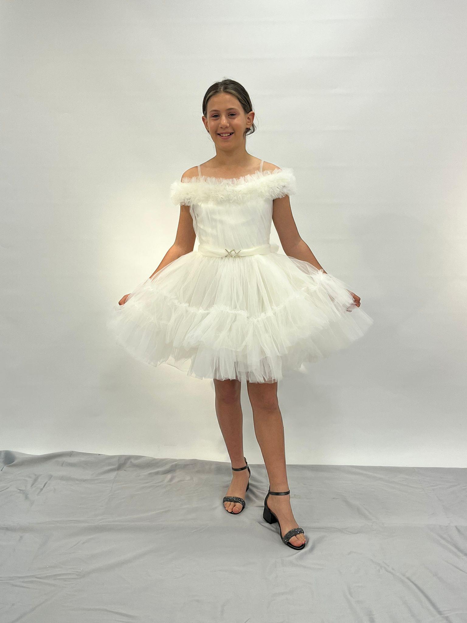 Kız Çocuk Abiye Ekru Askılı Yakası Fırfırlı Beli Tokalı Kısa Kat Tüllü Abiye Elbise 10-14 Yaş