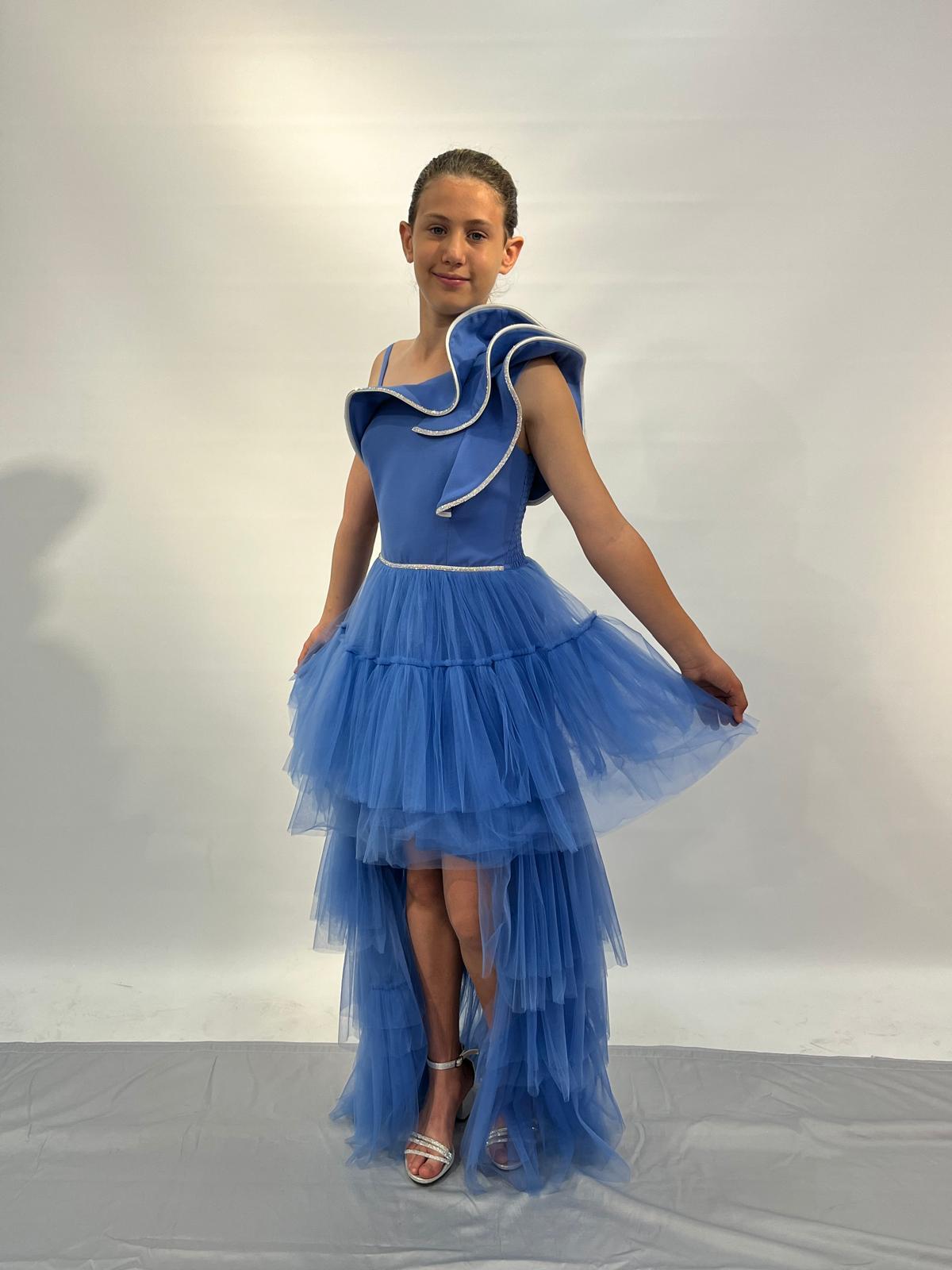 Kız Çocuk Abiye İndigo Kuyruklu Yakası Volanlı Taş İşLEMELİ Abiye Elbise 10-15 Yaş