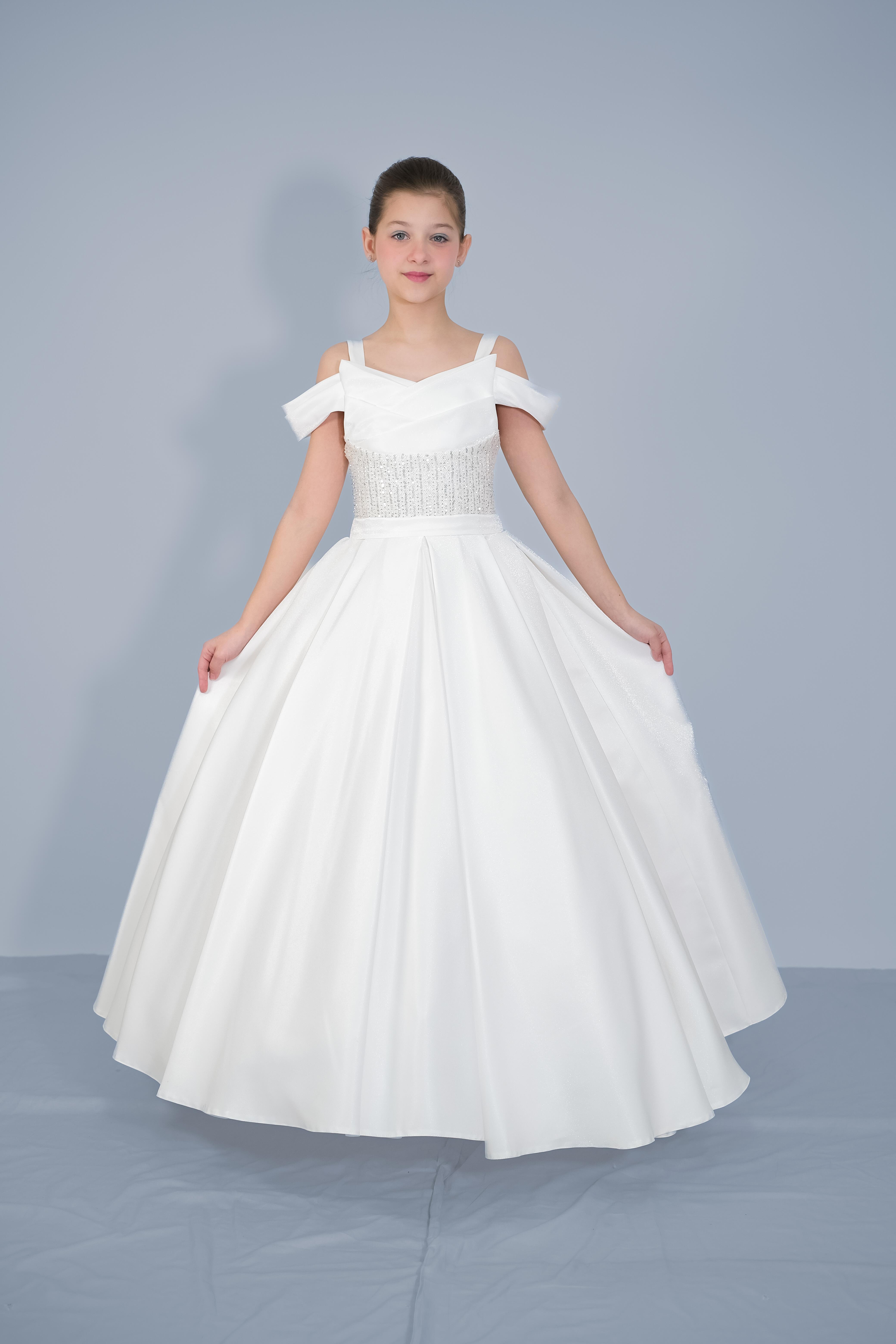 Kız Çocuk Abiye Krem Askılı Düşük Omuzlu Payetli  Sunsihe Kumaş Kasnaklı Gelinlik 2-11 Yaş