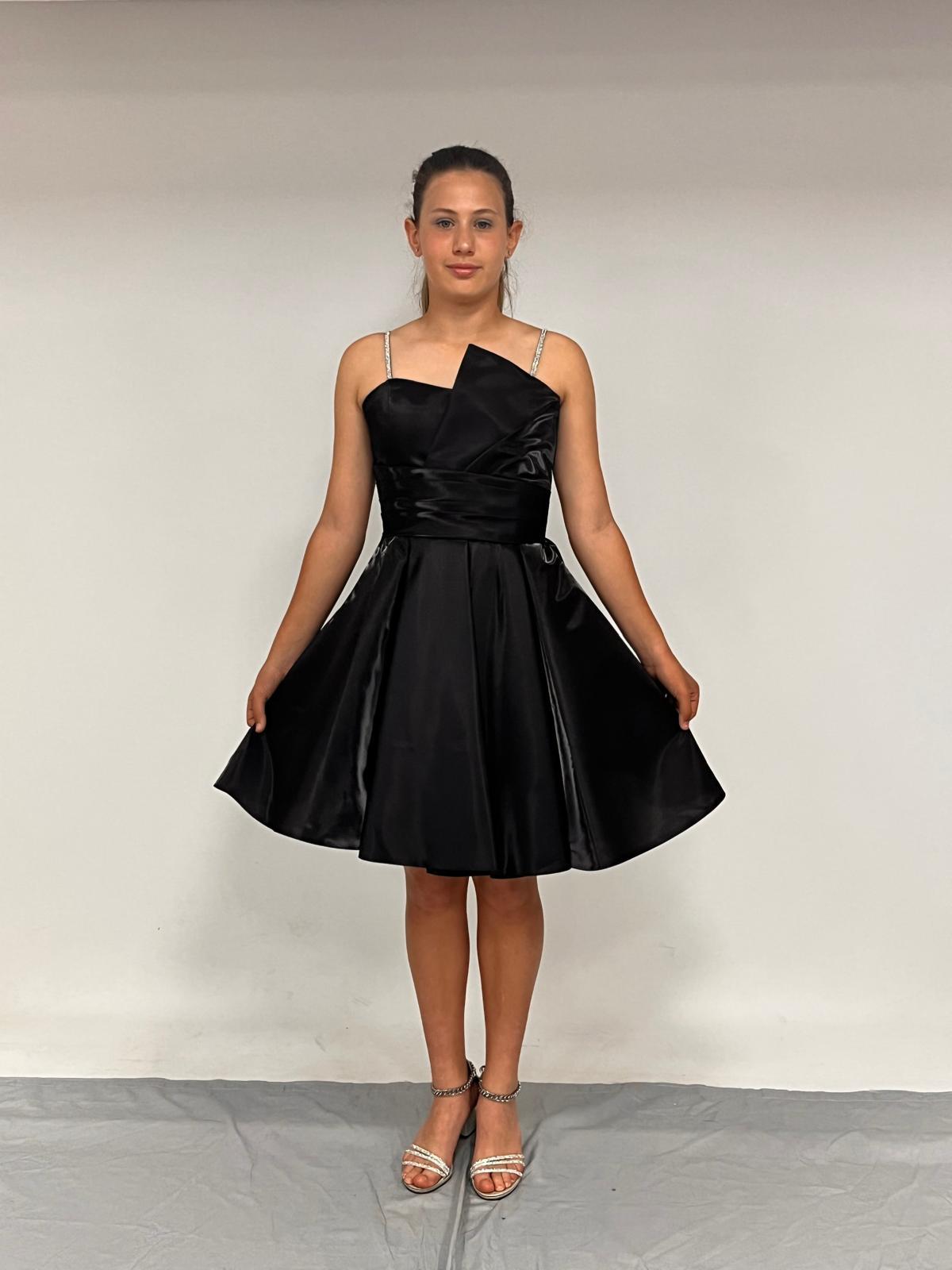 Kız Çocuk Abiye Askılı Kısa Siyah  Asimetrik Yaka  Kordon Taş Askılı  Kanilla Abiye Elbise10-15 Yaş