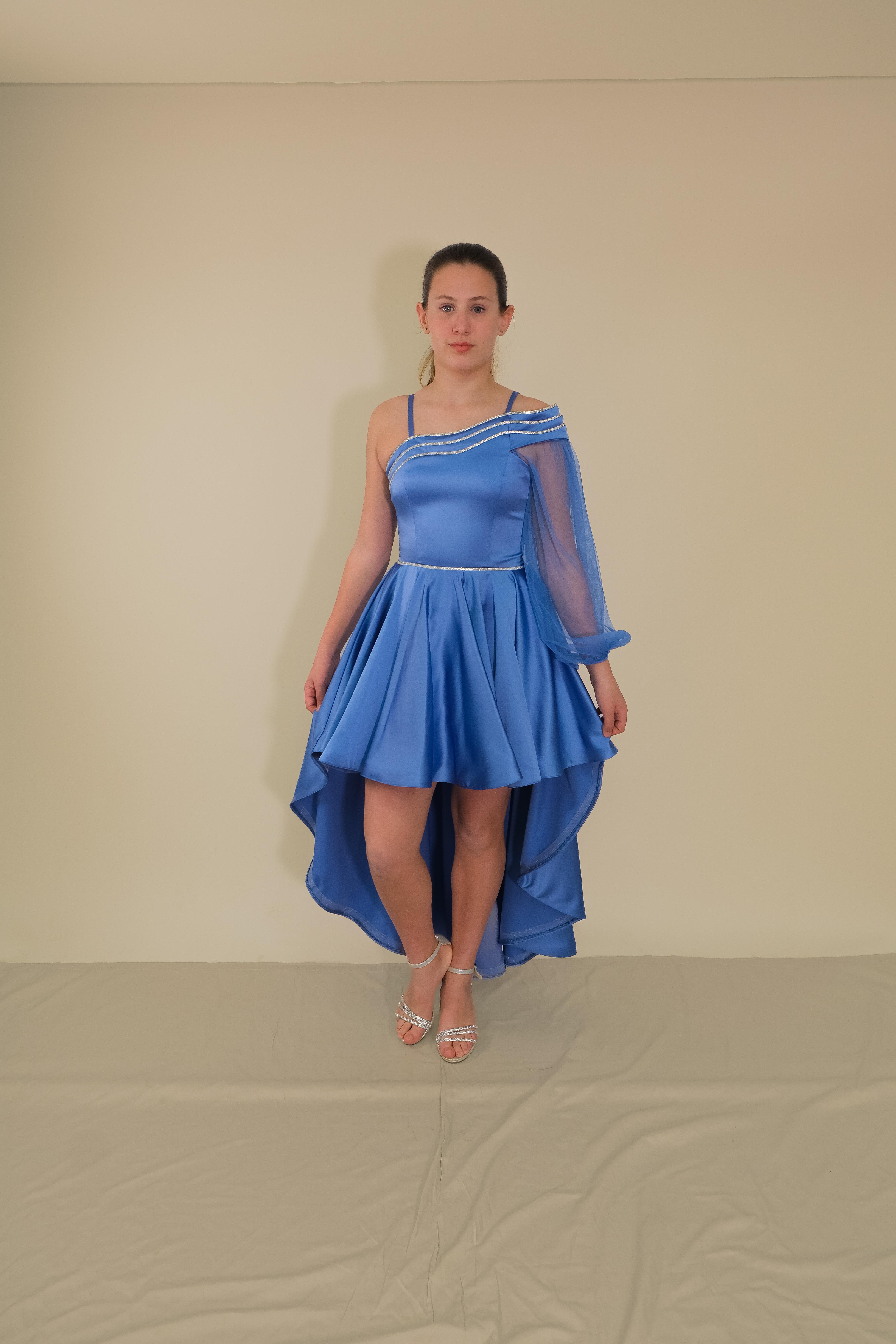 Kız Çocuk Abiye İndigo Saten Kuyruklu Yaka Şerit Taşlı Tek Kol Çıkabilen Tül Abiye Elbise 10-15 Yaş