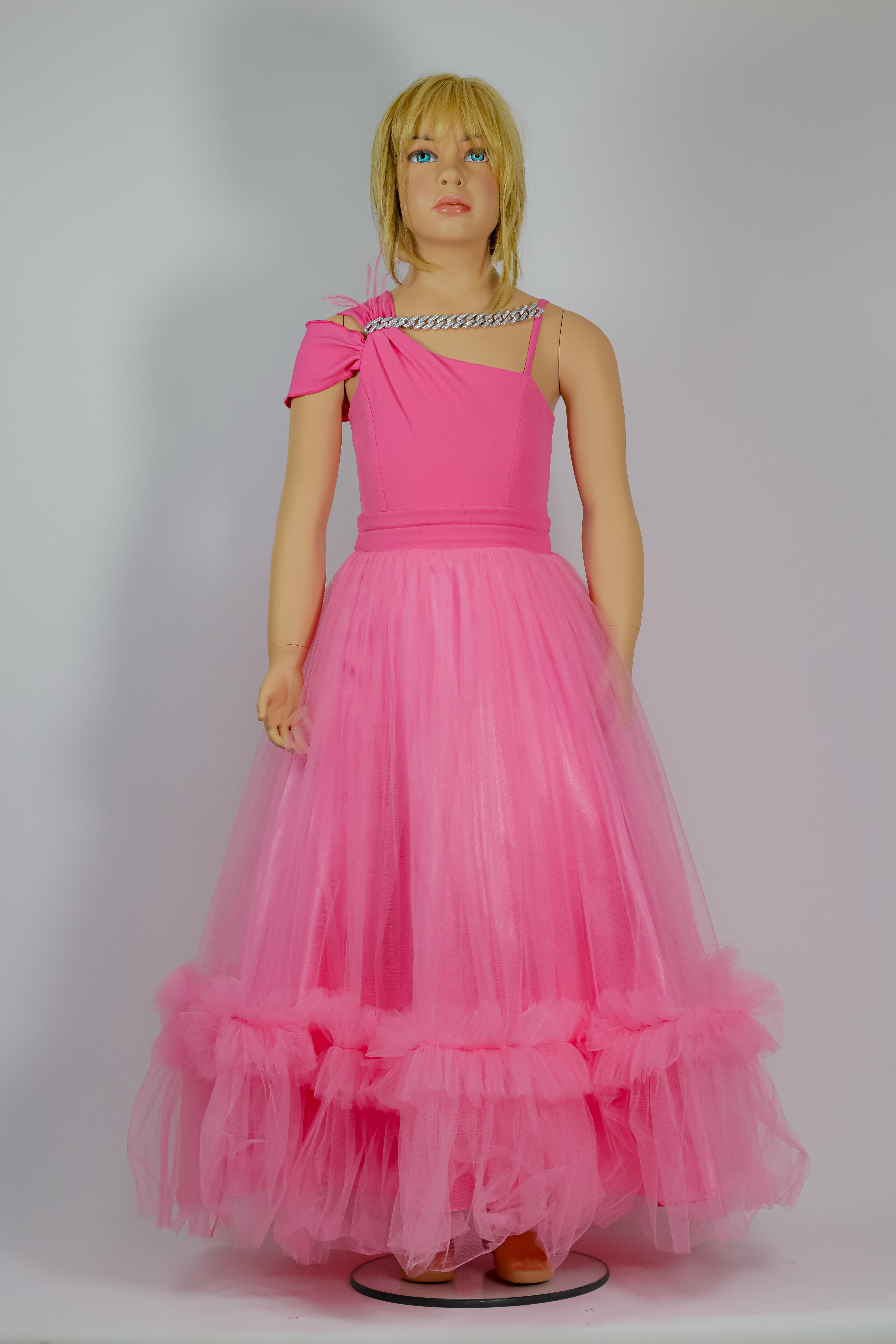 Kız Çocuk Abiye Elbise Pembe Yakası Taşlı Abiye Elbise 5-10 Yaş