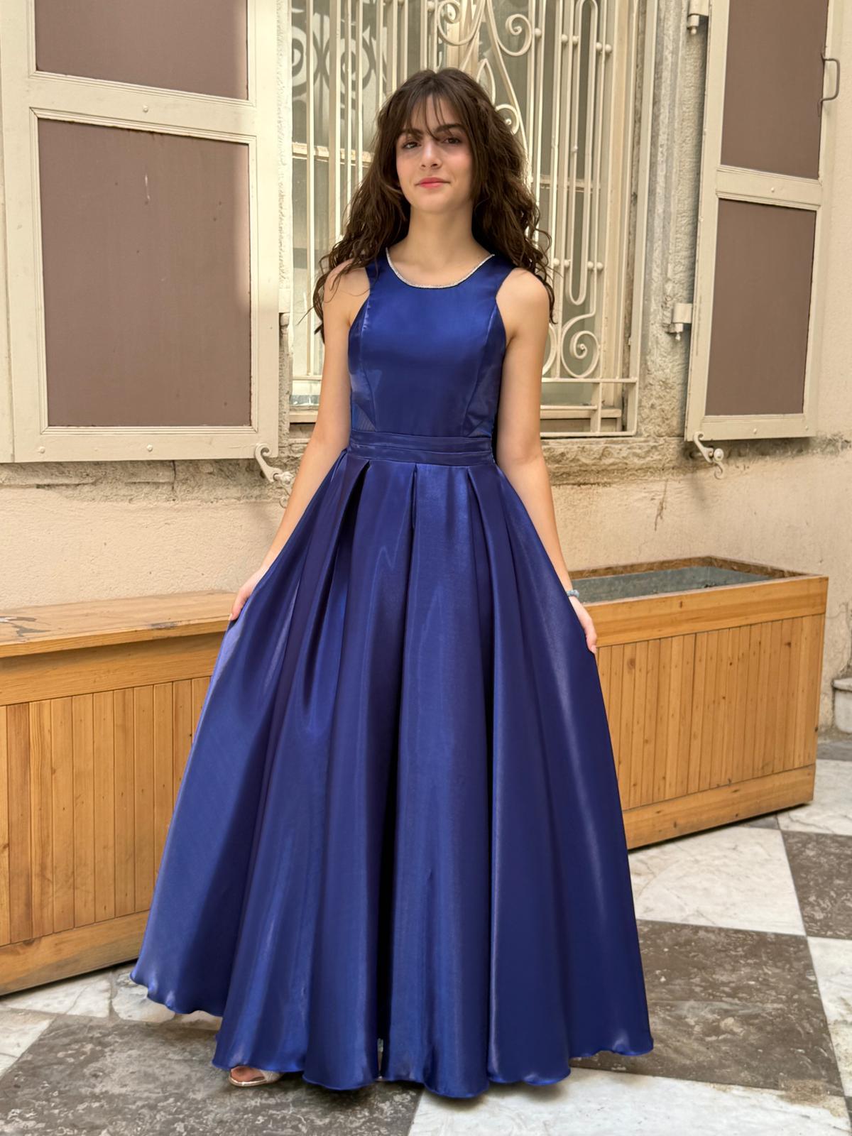 Kız Çocuk Abiye Saks Mavi Parlak Saten Uzun Sırt Fiyonklu Abiye Elbise 10-15 Yaş