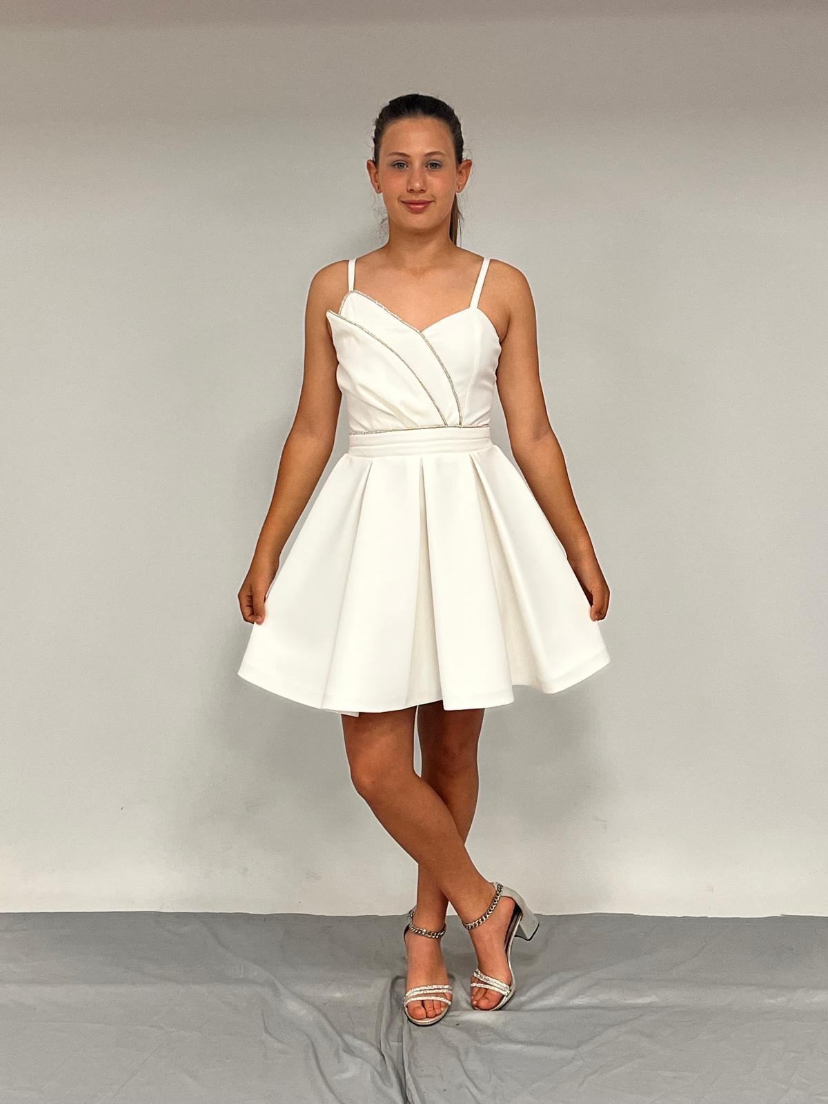 Kız Çocuk Abiye Kısa Krem Krep Kumaş  Askılı Asimetrik Yaka Şerit Taş Detaylı  Erkut  Abiye Elbise 10-15 Yaş