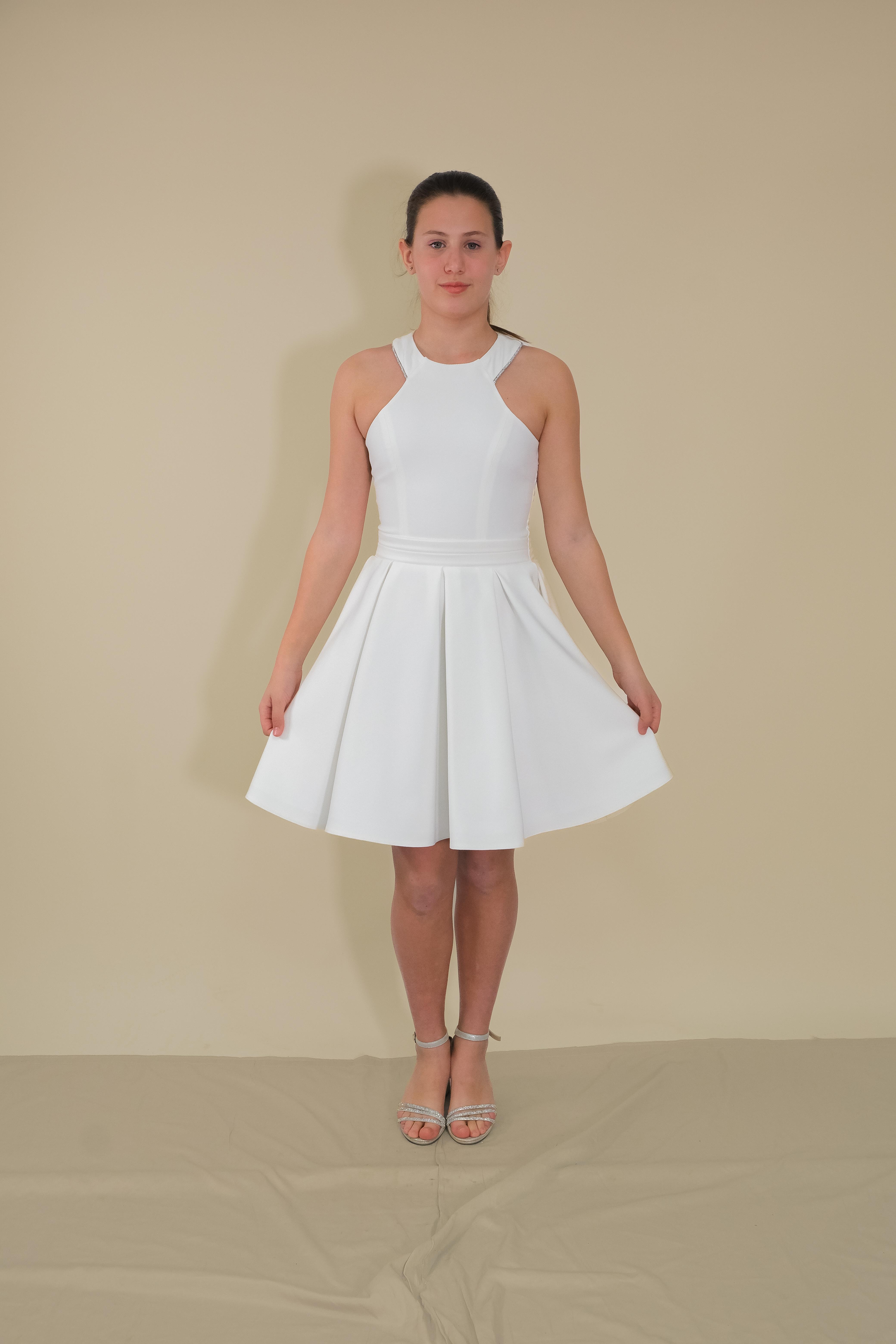 Kız Çocuk Abiye Krem Krep Kumaş Halter Yaka Sırt Fiyonk Şerit Taş Detaylı Abiye 10-15 Yaş