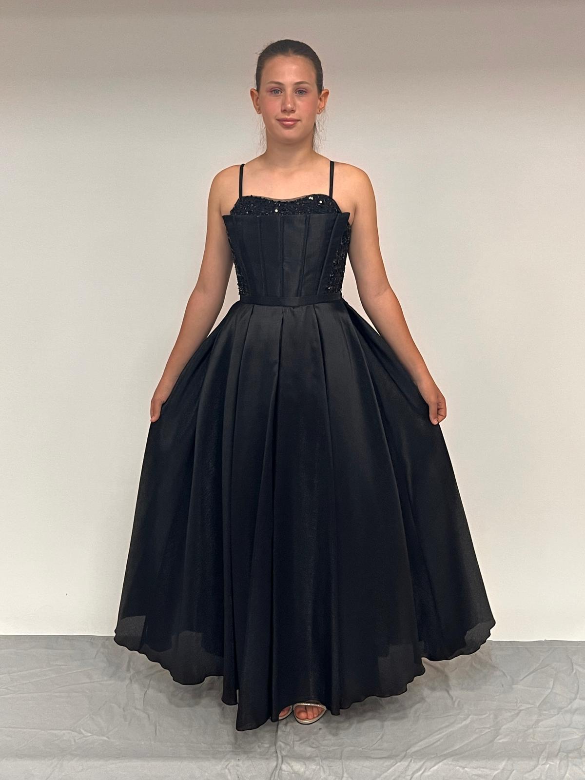 Kız Çocuk Abiye Siyah Tafta Uzun Pül  Payet İşlemeli Biyeli Korseli Abiye Elbise 10-15 Yaş