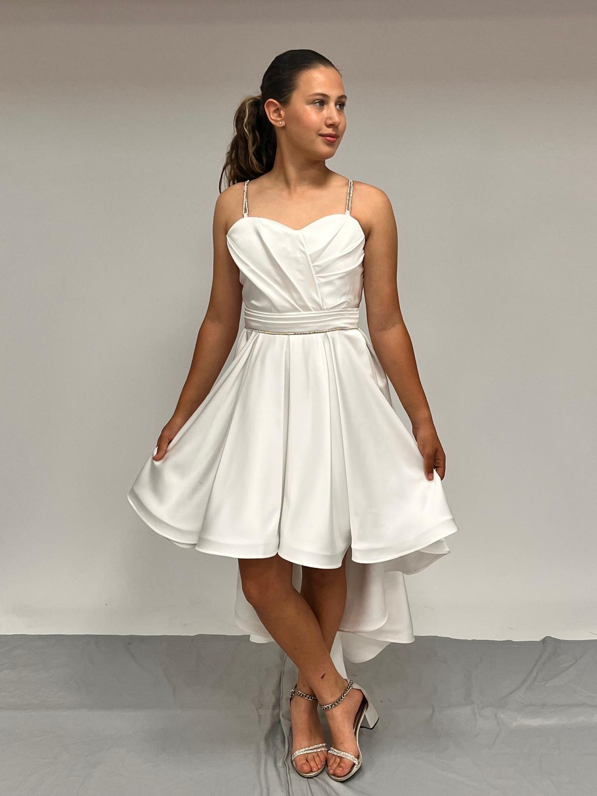 Kız Çocuk Abiye Krem Taş Kordon Askılı Kalp Yaka  Mat Saten Kuyruklu Abiye Elbise 10-15 Yaş