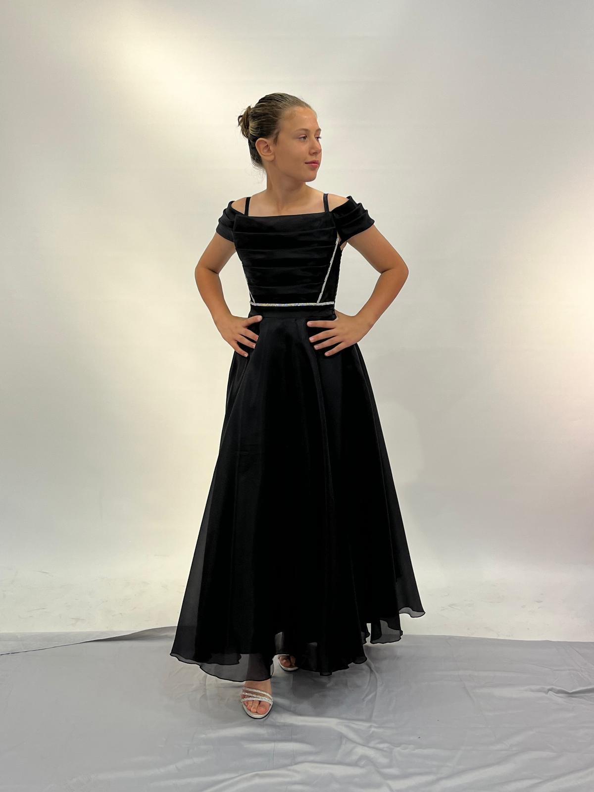 Kız Çocuk Abiye Siyah Askılı  Uzun Şifon Kolları Çıkabilen Drape Yaka  Abiye Elbise 10-15 Yaş