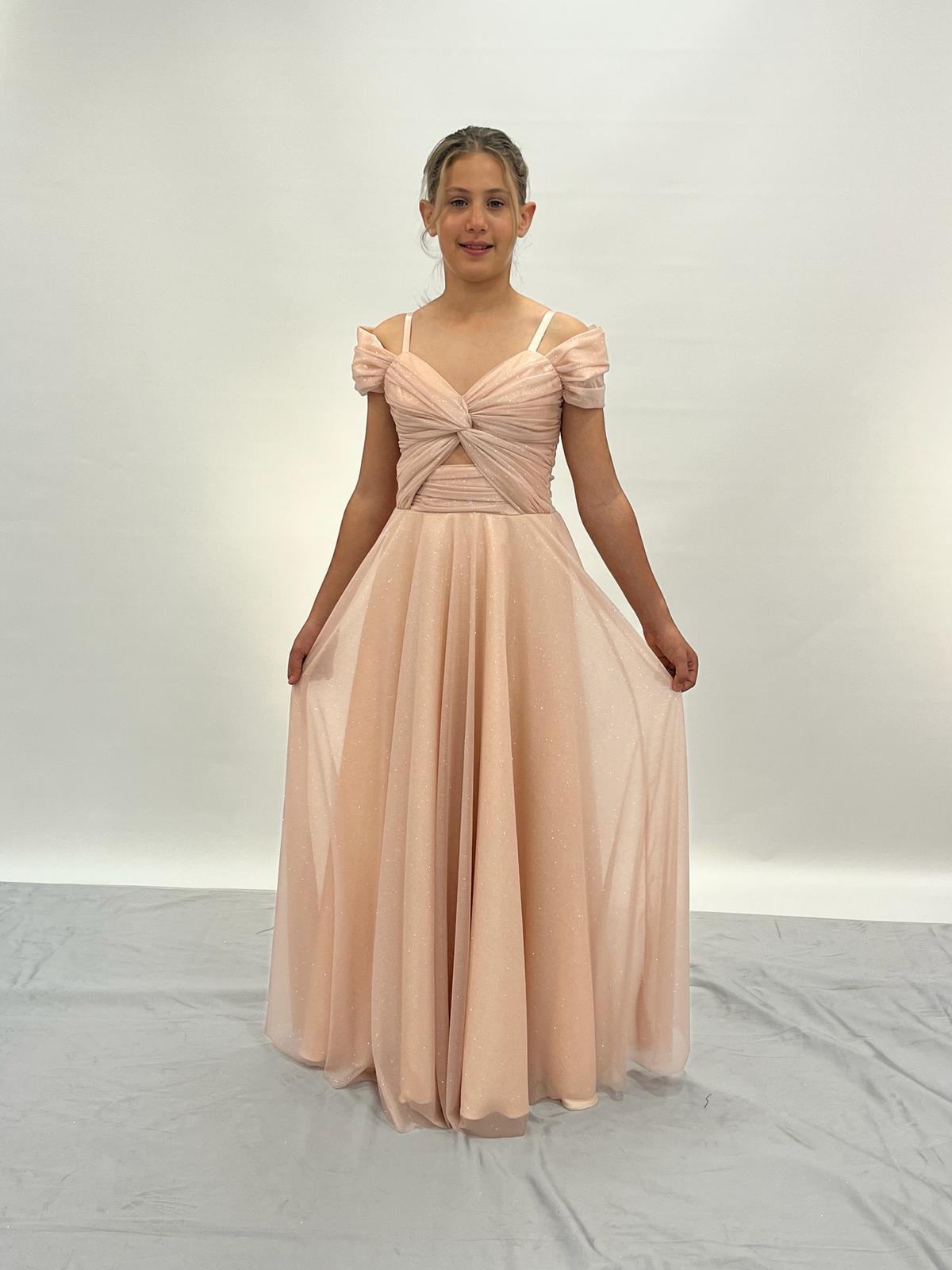 Kız Çocuk Pudra Askılı Omuz Detaylı Pırıltılı Tüllü Uzun Abiye Elbise 10-15 Yaş