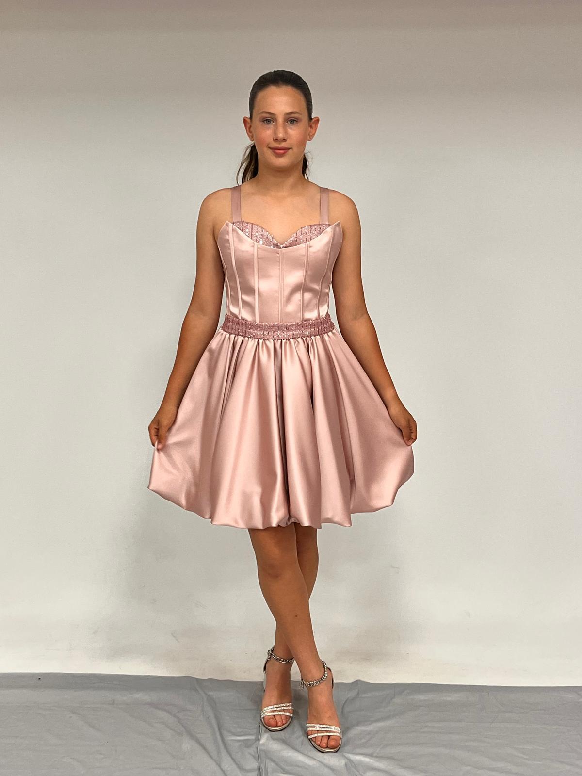 Kız Çocuk Askılı Mini Pudra Pileli Payet Detaylı Kısa Balon Etek Abiye Elbise 10-15 Yaş