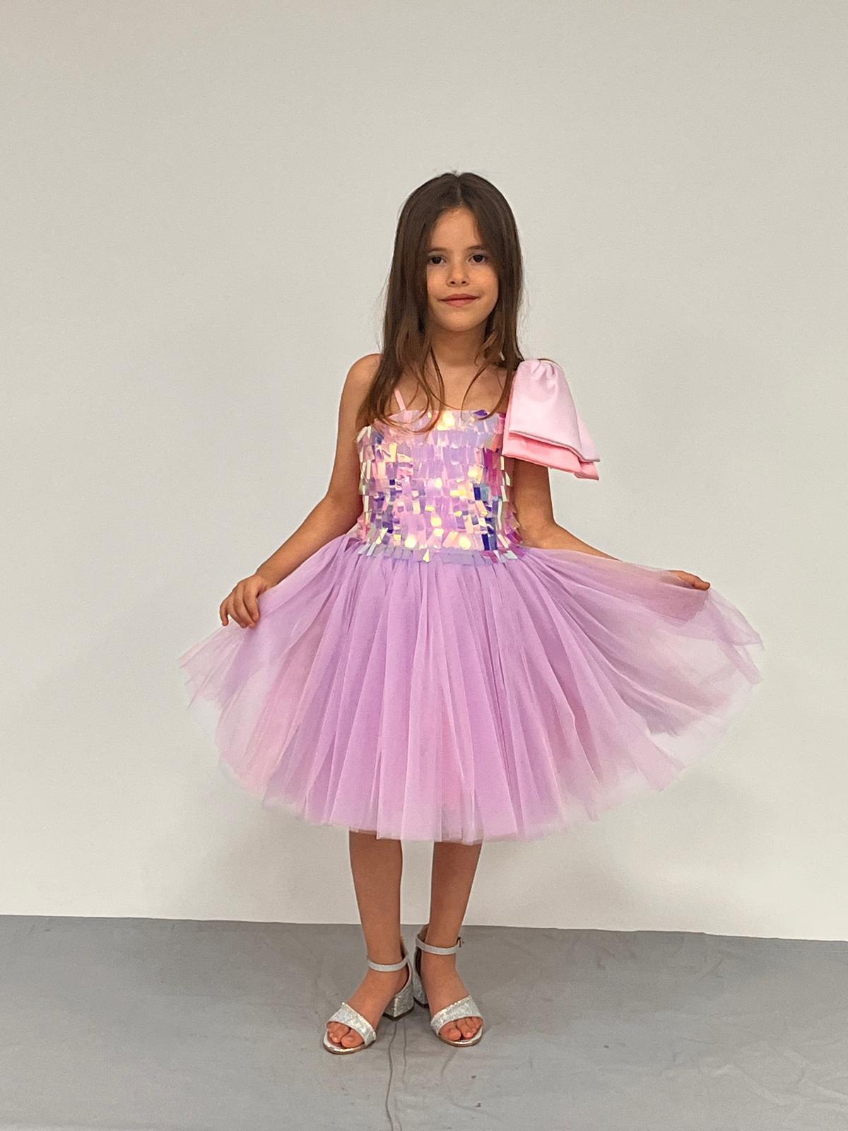 Kız Çocuk Askılı Tek Omuz Kurdele Detaylı  Payetli Tüllü Abiye Elbise 4-8 Yaş Yaş