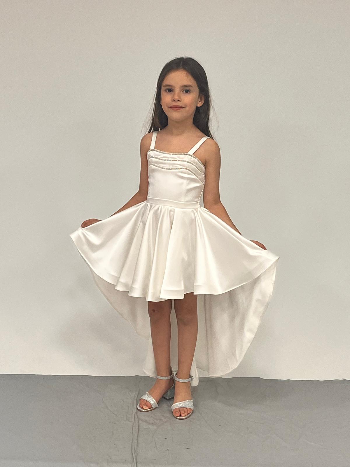 Kız Çocuk Abiye Krem Saten Kuyruklu Yaka Şerit Taşlı  Abiye Elbise 5-10 yaşYaş