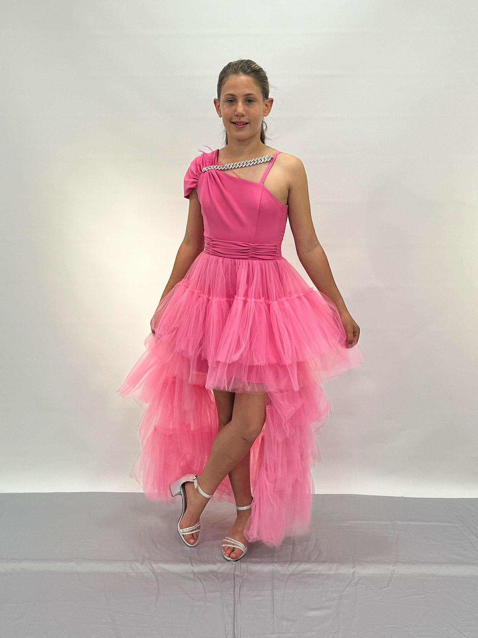 Kız Çocuk Abiye Pembe Tüllü Önü Kısa Kuyruklu Yaka Zincirli Abiye 10-15 Yaş