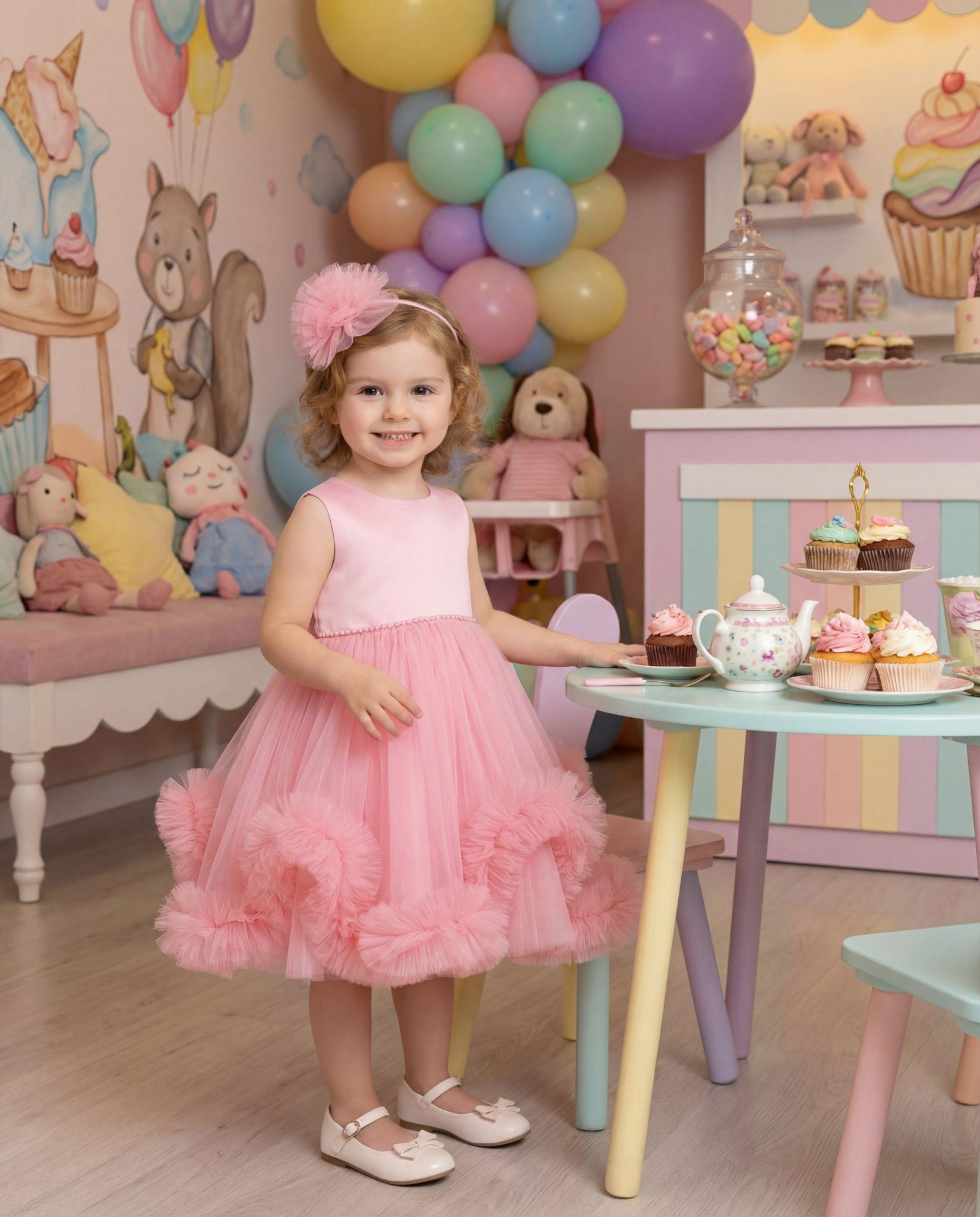 Kız Çocuk Tüllü Pembe Abiye Elbise Volanlı Etek Prenses Model Abiye Elbise  Taç Hediyeli 1-5 Yaş