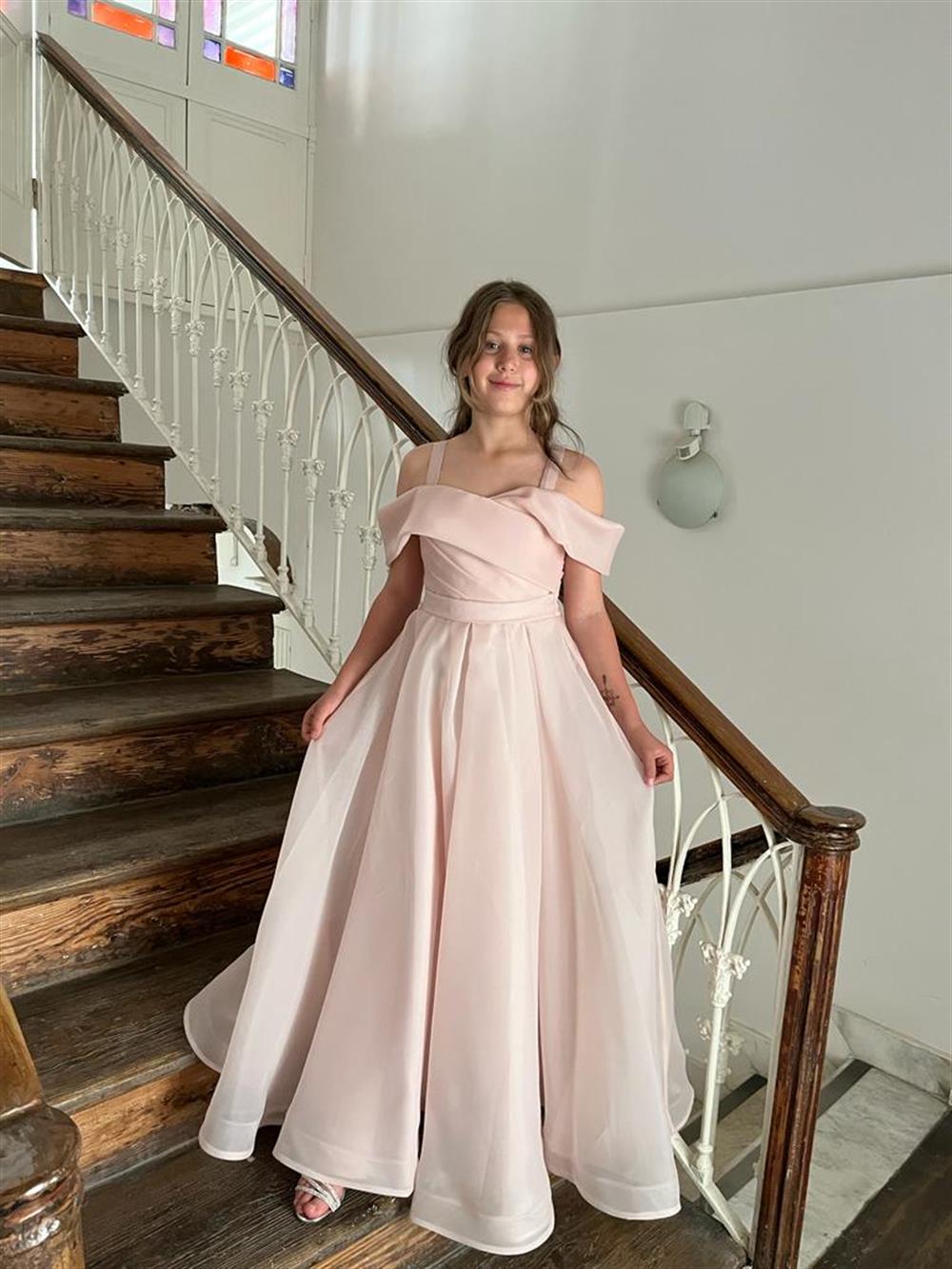 Kız Uzun Pudra Askılı Şifon Abiye 10-14 Yaş 