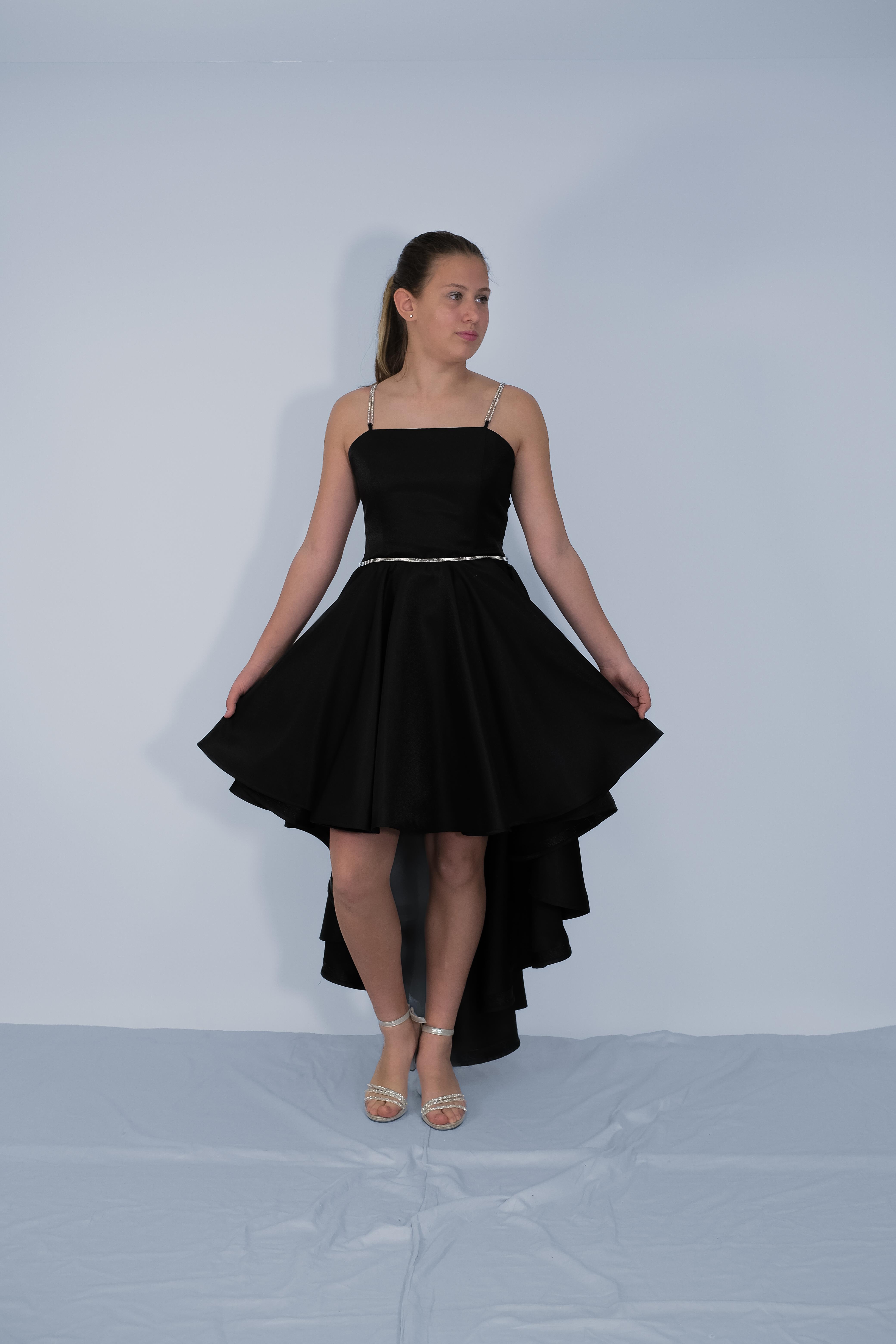 Kız Çocuk Abiye Siyah Kordon Taş Askılı Sunsihe Kumaş Kuyruklu Abiye Elbise 10-15 Yaş