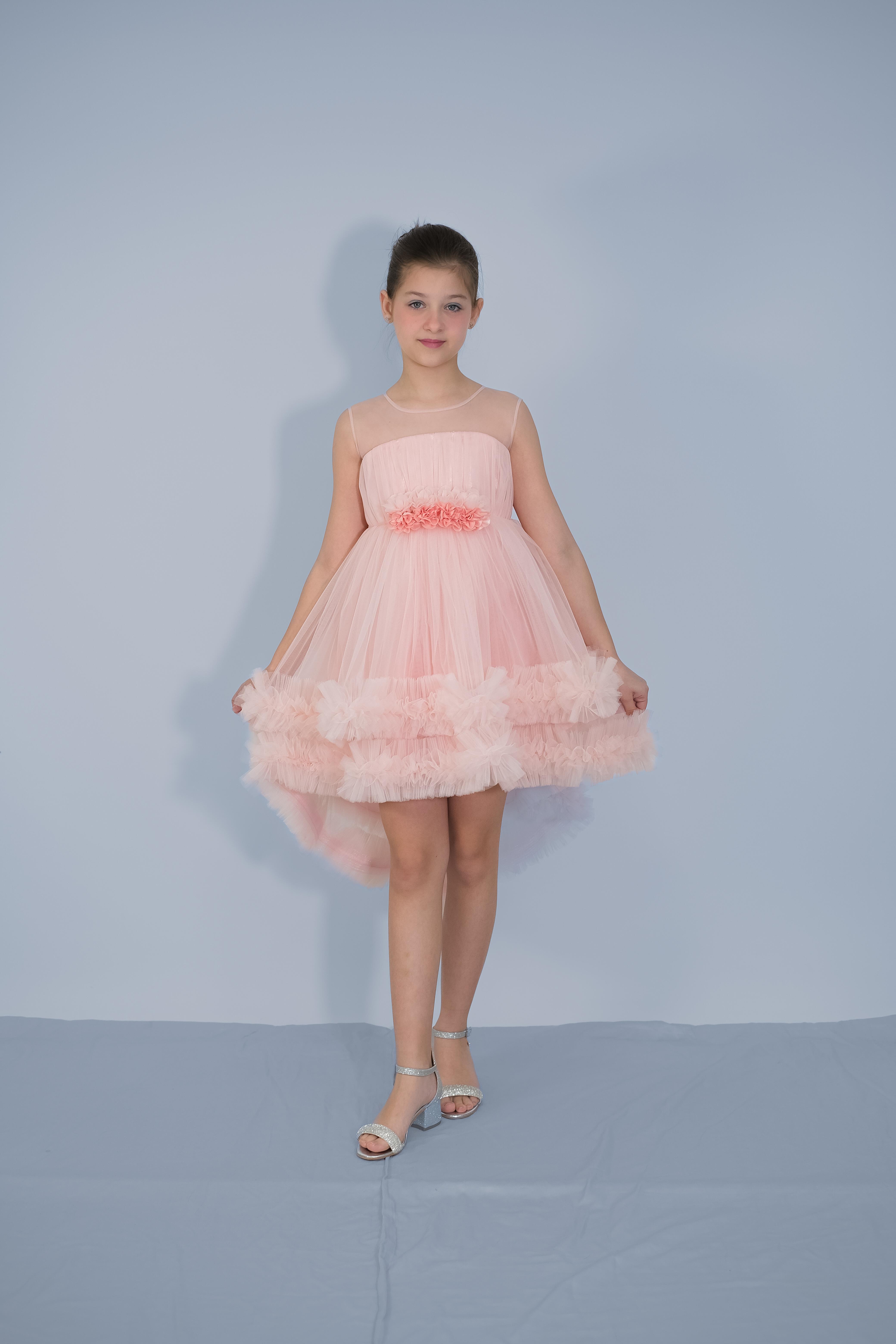 Kız Çocuk Abiye Pudra Etekleri Fırfırlı Kuyruklu Beli Çiçekli Abiye 6-10 Yaş