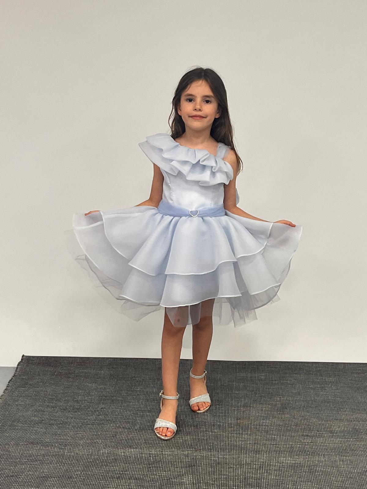 Kız Çocuk Abiye Mavi Kalp Tokalı Tek Omuz Detaylı Abiye Elbise 6-10 Yaş