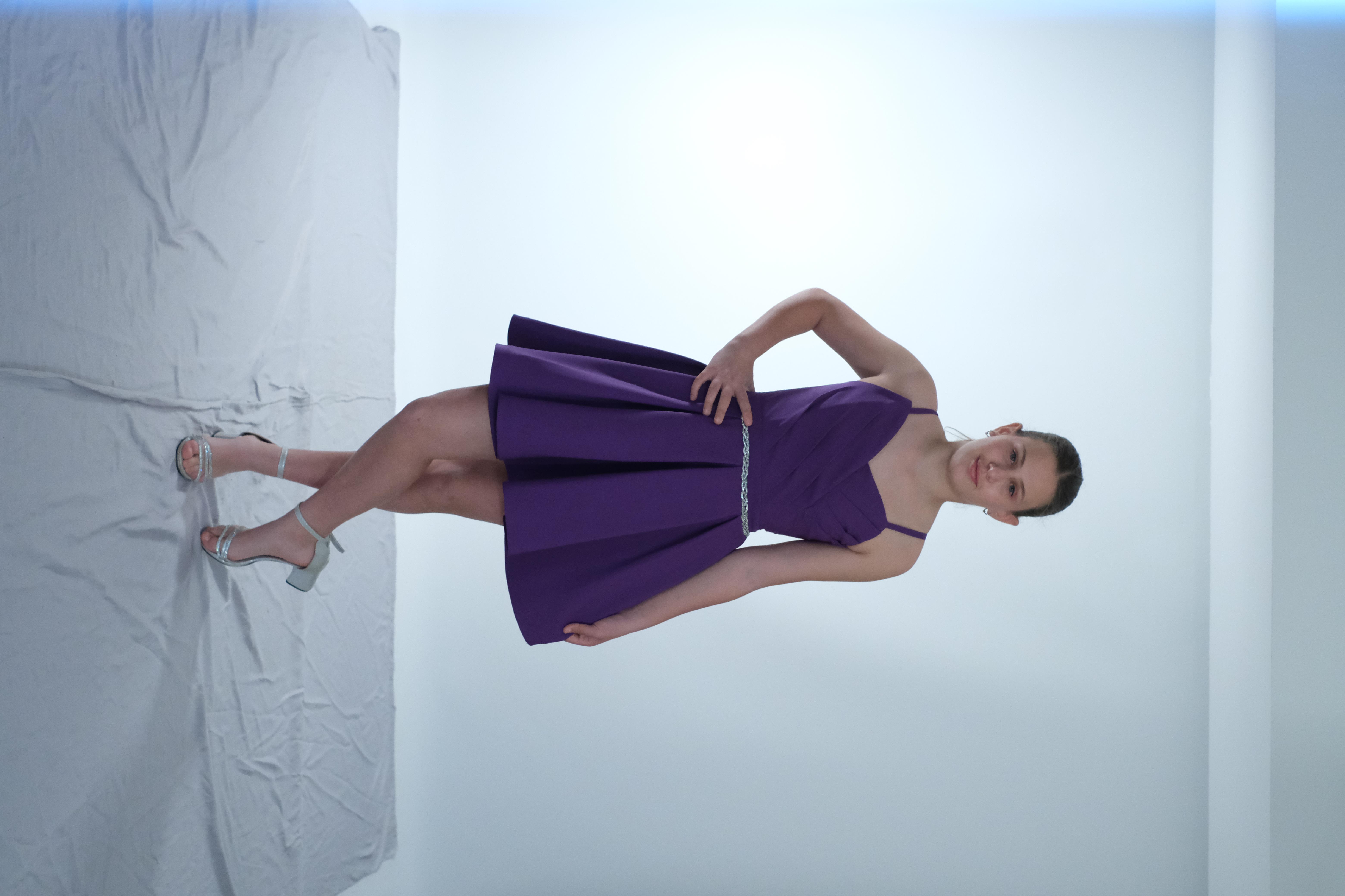 Kız Çocuk Abiye Mor Krep Kumaş  Askılı  Drapeli Beli Örgü Taş Detaylı Abiye Elbise 10-15 Yaş