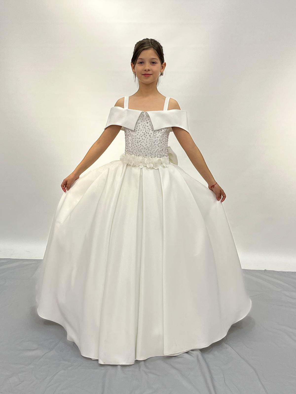 Kız Çocuk Abiye Krem Askılı Çiçekli Parlak Gelinlik 2-11 Yaş