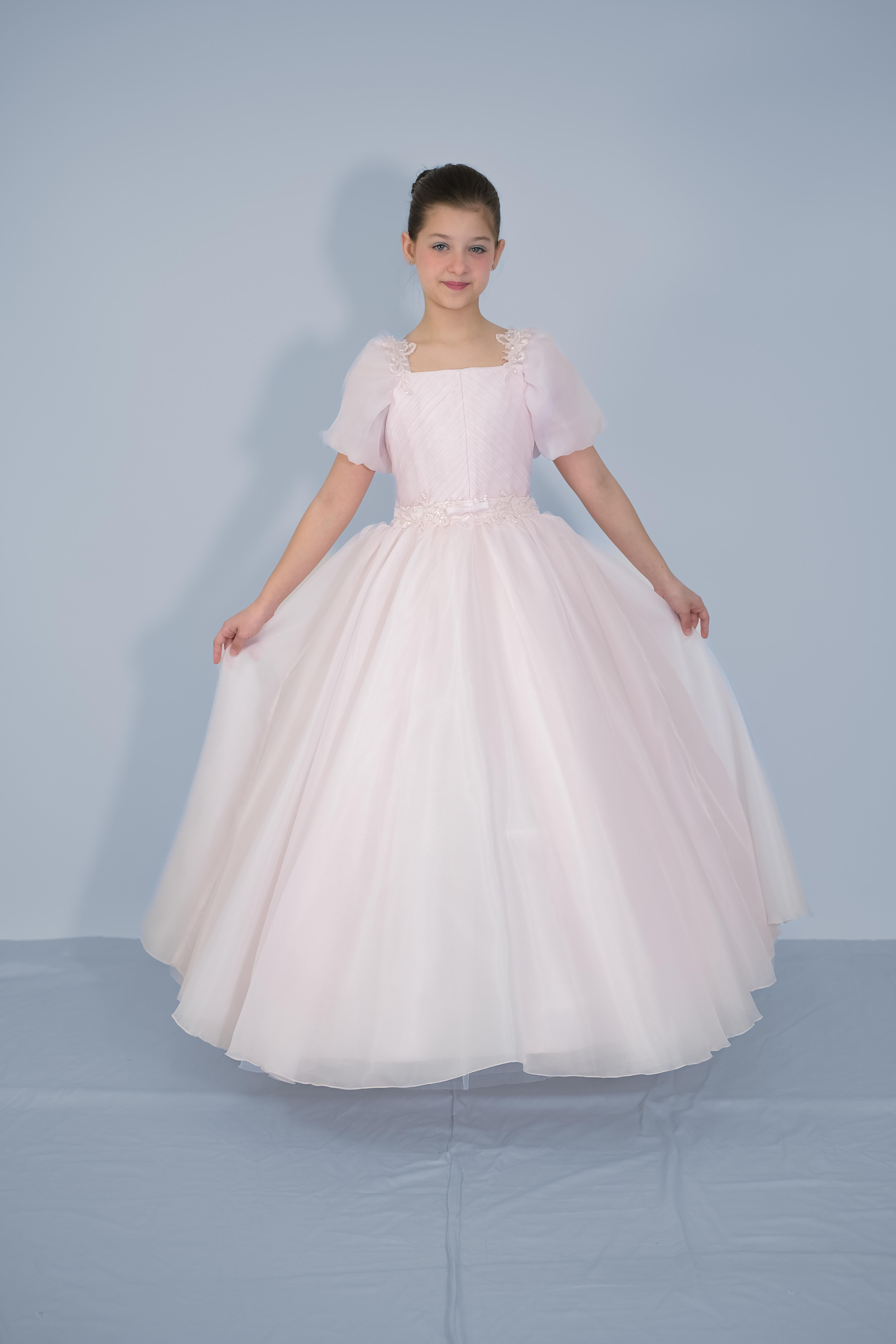Kız Çocuk Abiye Pudra Balon Kollu Omuz ve Bel Boncuk Taş İşlemeli  Şifon Gelinlik 2-11 Yaş