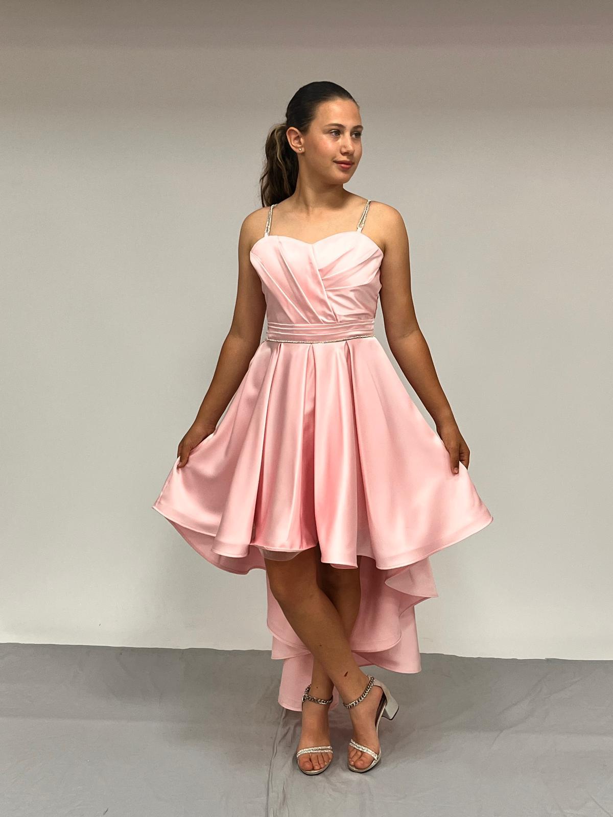 Kız Çocuk Abiye Pembe Taş Kordon Askılı Kalp Yaka  Mat Saten Kuyruklu Abiye Elbise 10-15 Yaş