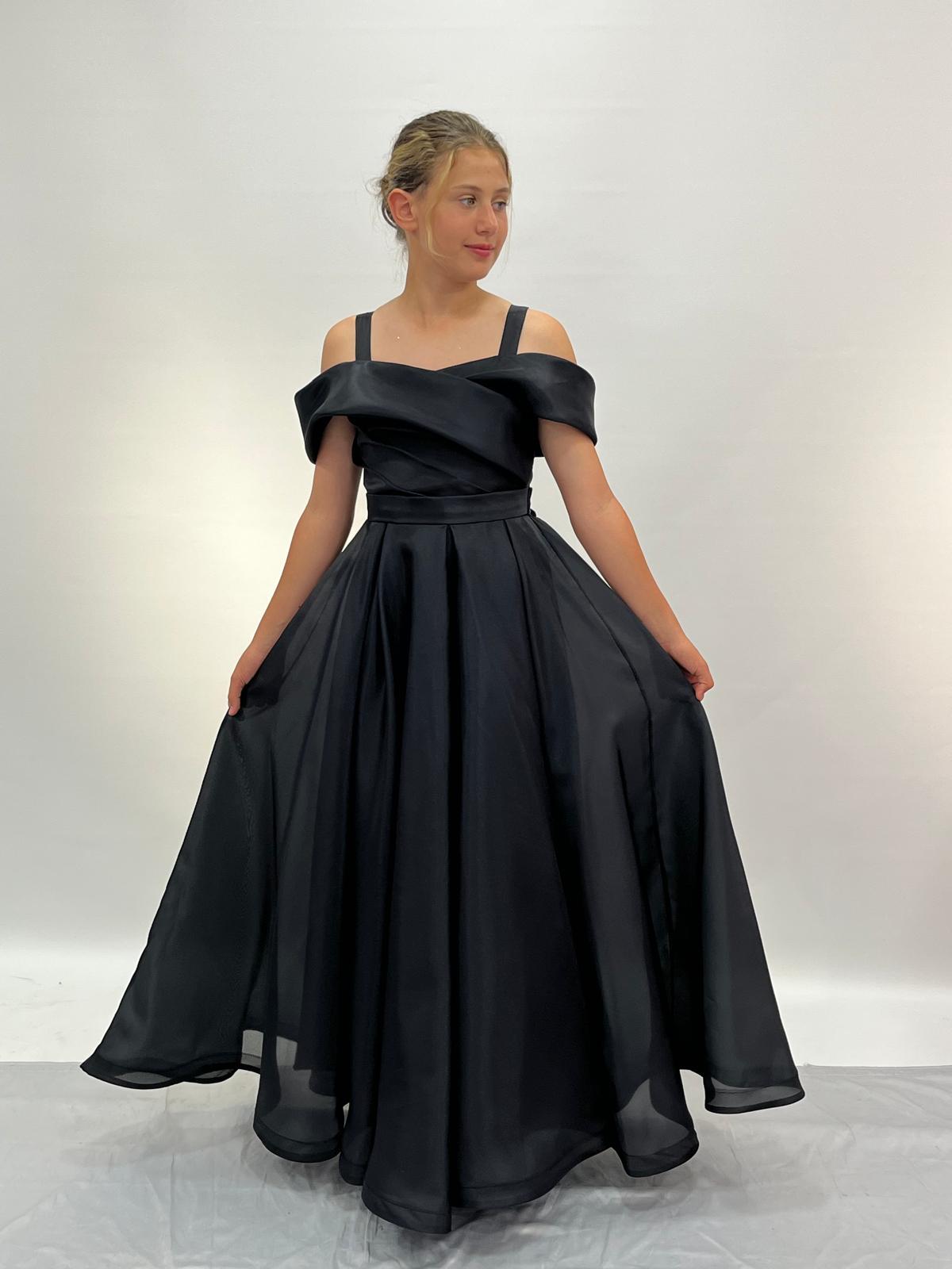 Kız Çocuk Abiye Uzun Siyah Askılı Şifon Abiye Elbise 6-14 Yaş