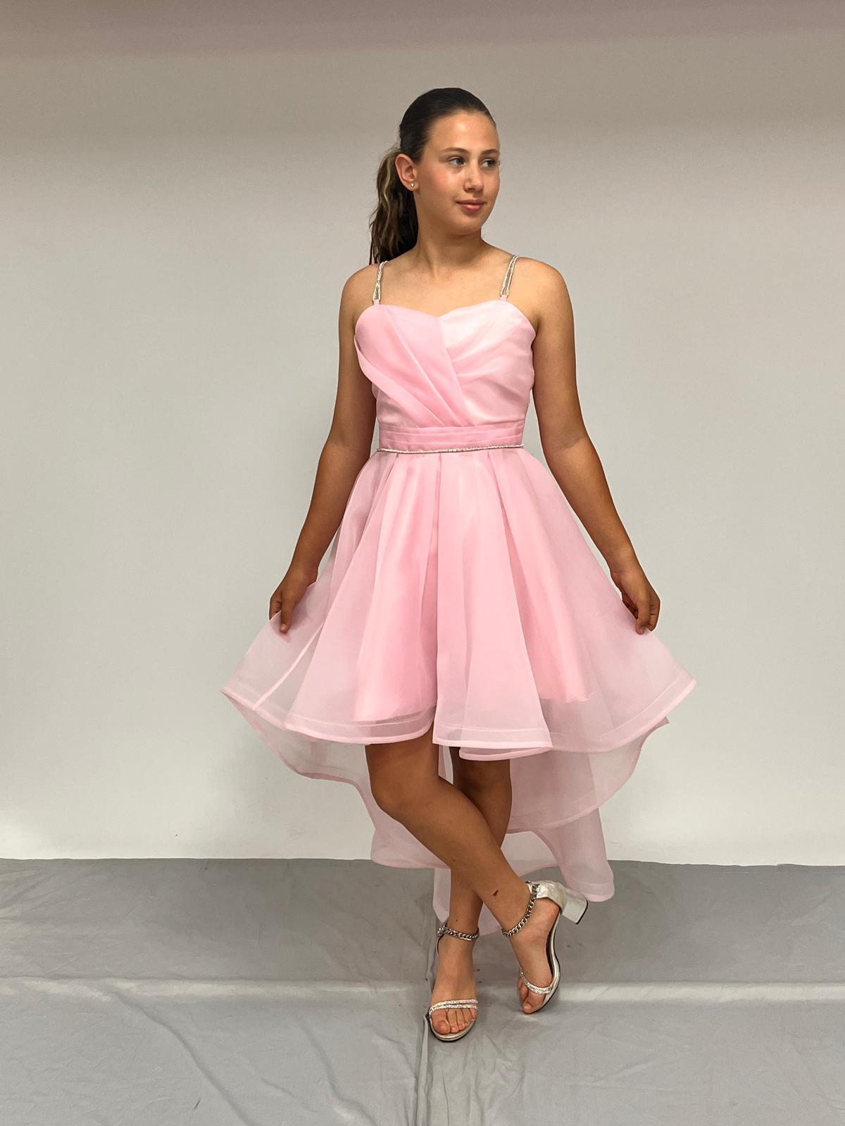 Kız Çocuk Abiye Pembe Taş Kordon Askılı Kalp Yaka  Kuyruklu  Şifon Abiye Elbise 10-15 Yaş