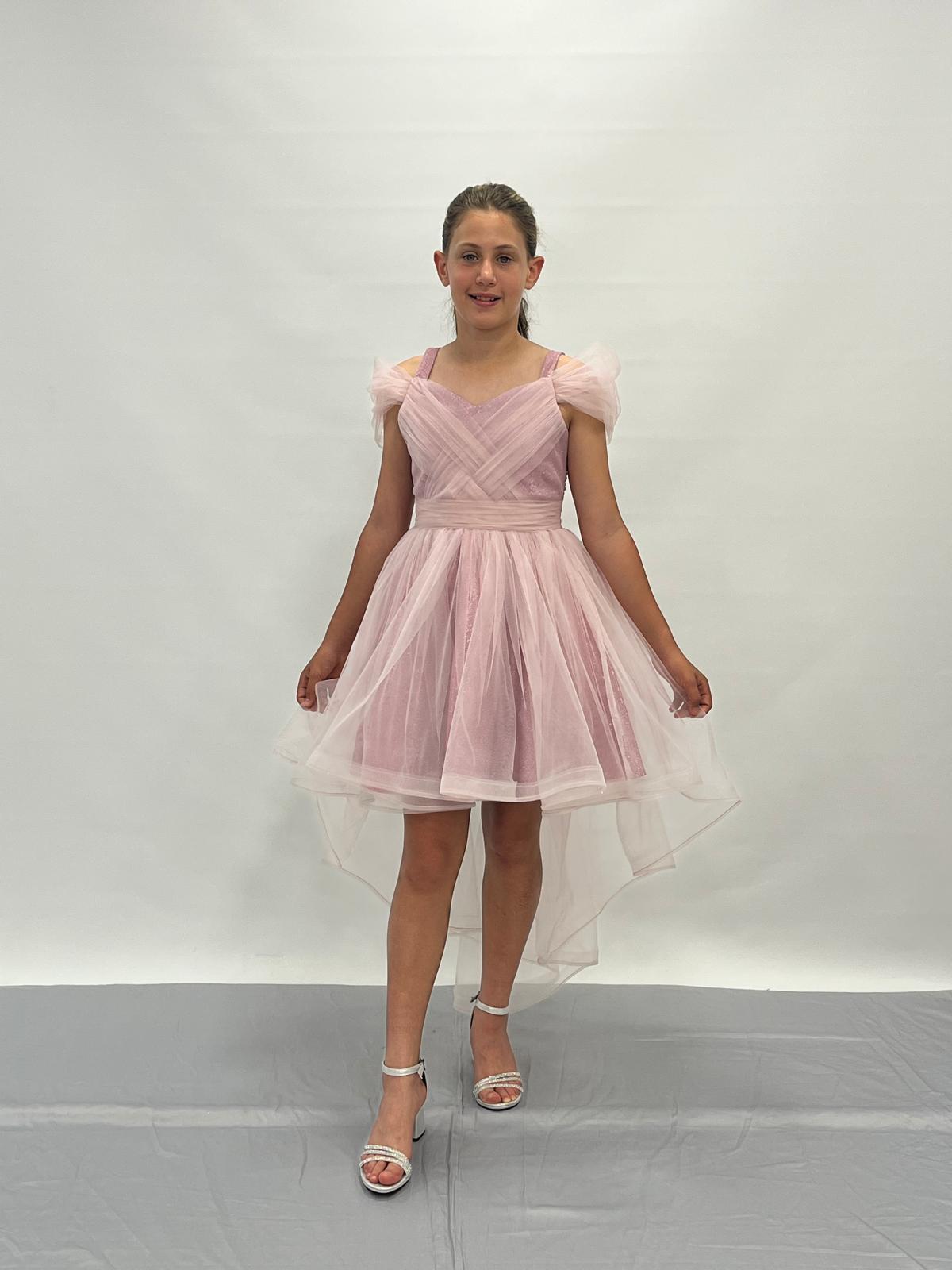 Kız Çocuk Abiye Pudra Askılı Düşük Kollu Kuyruklu Abiye Elbise 10-14 Yaş Yaş