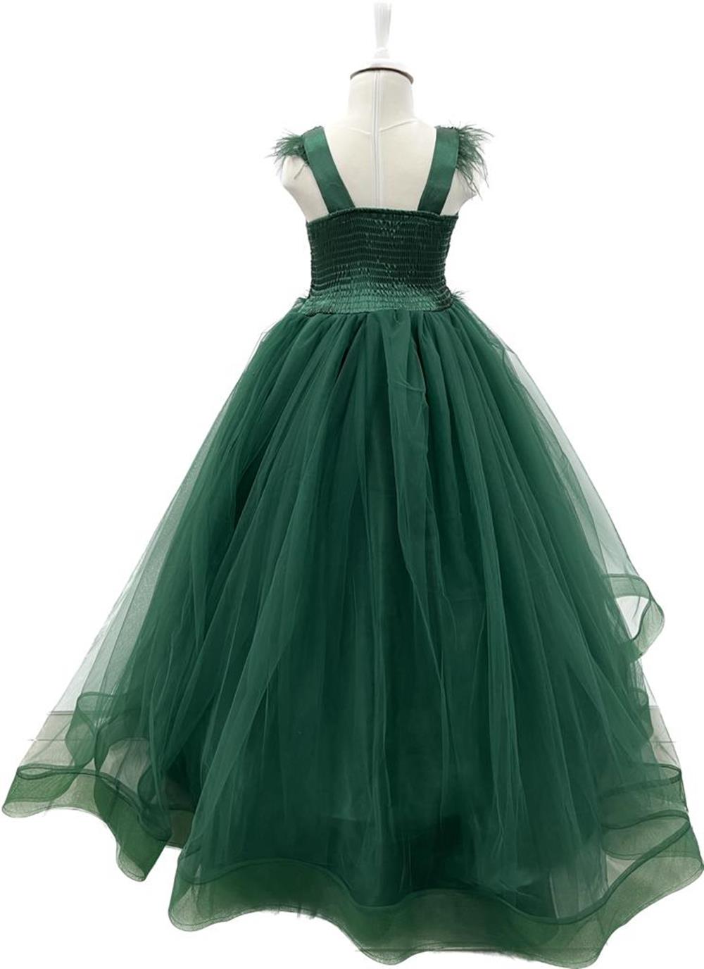 Kız Çocuk Zümrüt Yeşil Kasnaklı Kabarık Gelinlik Prenses Elbisesi 3-12 Yaş