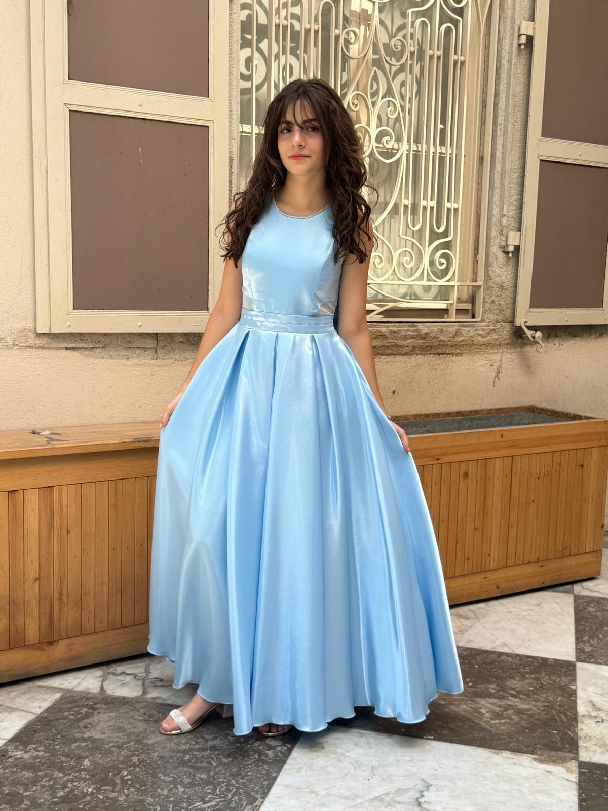 Kız Çocuk Abiye Bebemavi Parlak Saten Uzun Sırt Fiyonklu Abiye Elbise 10-15 Yaş