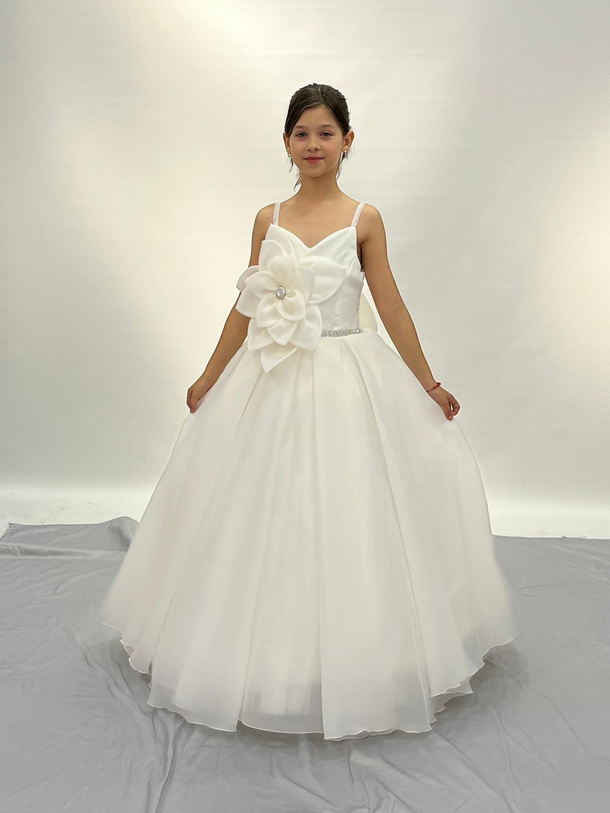 Kız Çocuk Abiye Büyük Çiçekli Taş Detaylı Kasnaklı Beyaz Çocuk Gelinlik 2-11 Yaş