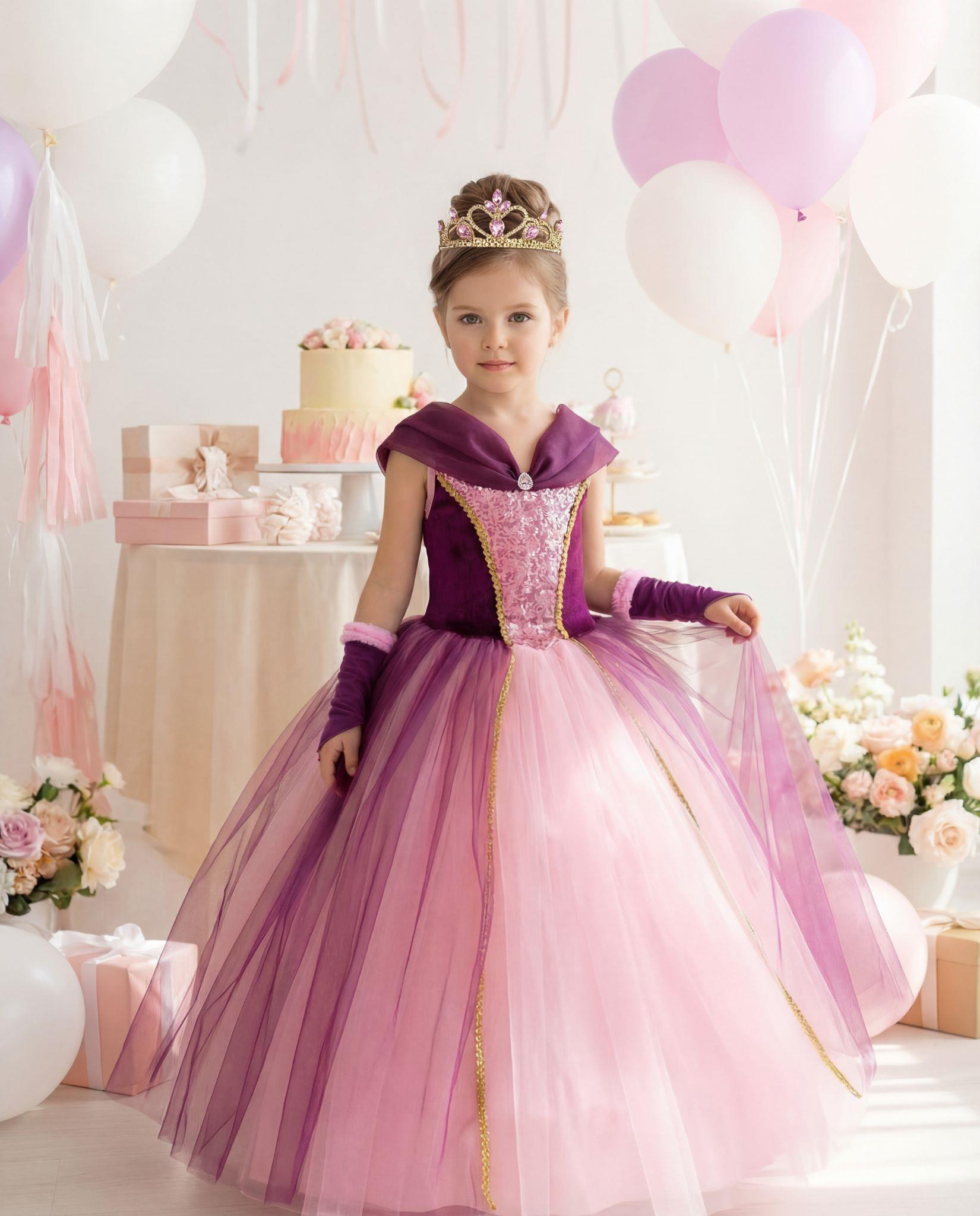 Kız Çocuk Kostüm Rapunzel Mor Düşük Omuz Detaylı Kasnaklı Kabarık Prenses Elbise 3-8 Yaş TAÇ HEDİYELİ