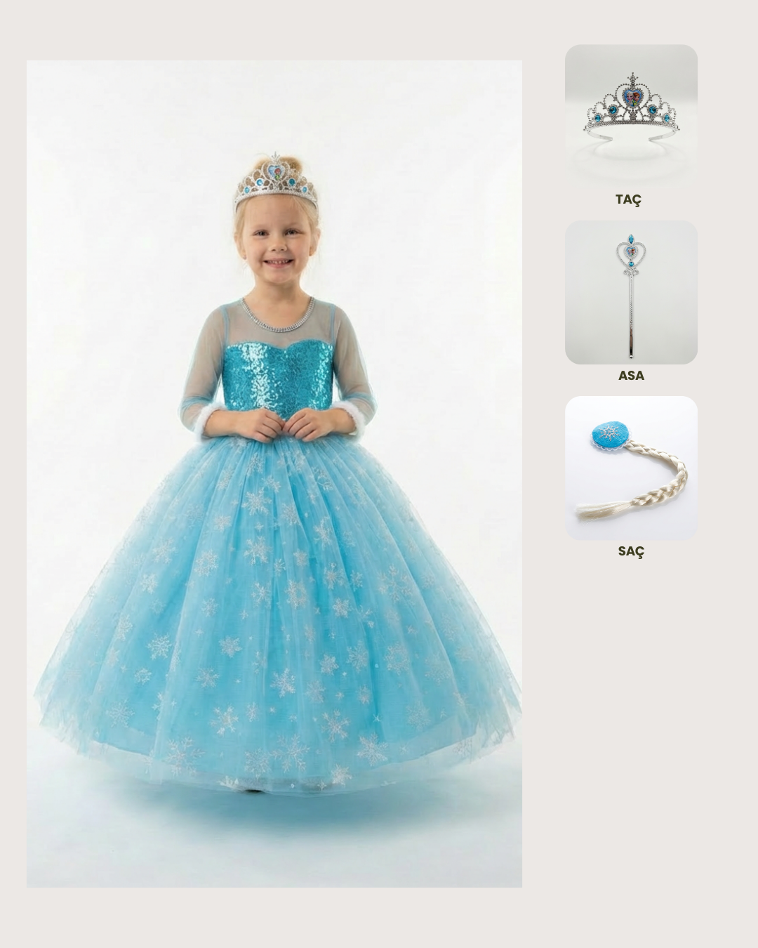 Frozen Elsa Kostümü Uzun Kollu Kız Çocuk Prenses Elbisesi Taç+Asa+Saç Hediyeli