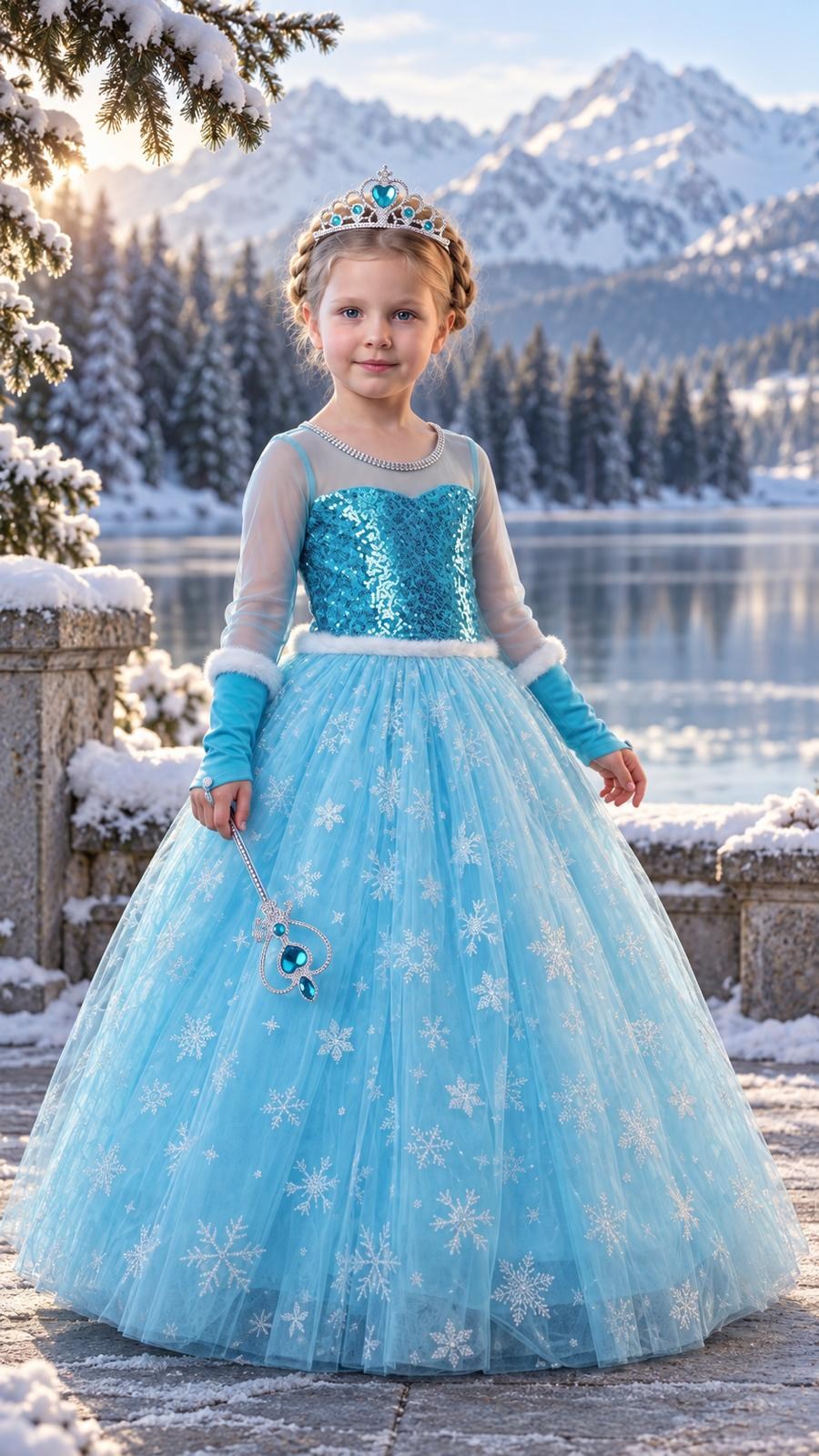 Frozen Elsa Kostümü Uzun Kollu Kız Çocuk Prenses Elbisesi Taç+Asa+Eldiven  Hediyeli