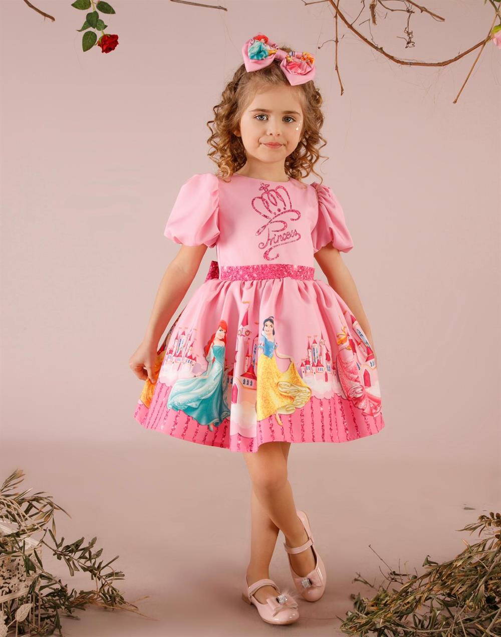 Kız Çocuk Prenses Pembe Masal Karakterli Kabarık Elbise + Toka 2-8 yaş