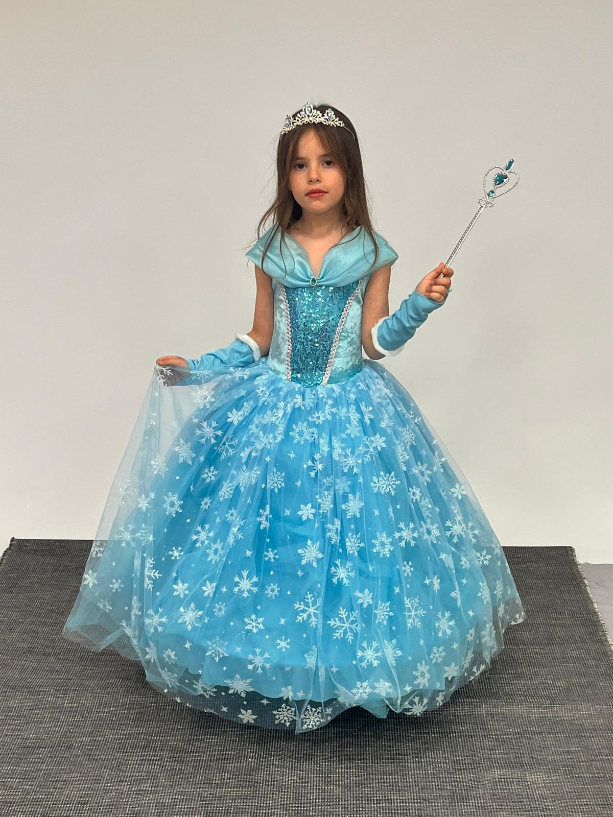 Kız Çocuk Kostüm Mavi Elsa Frozen   Düşük Omuz Detaylı Kasnaklı Kabarık Elsa Kostüm 3-8 Yaş