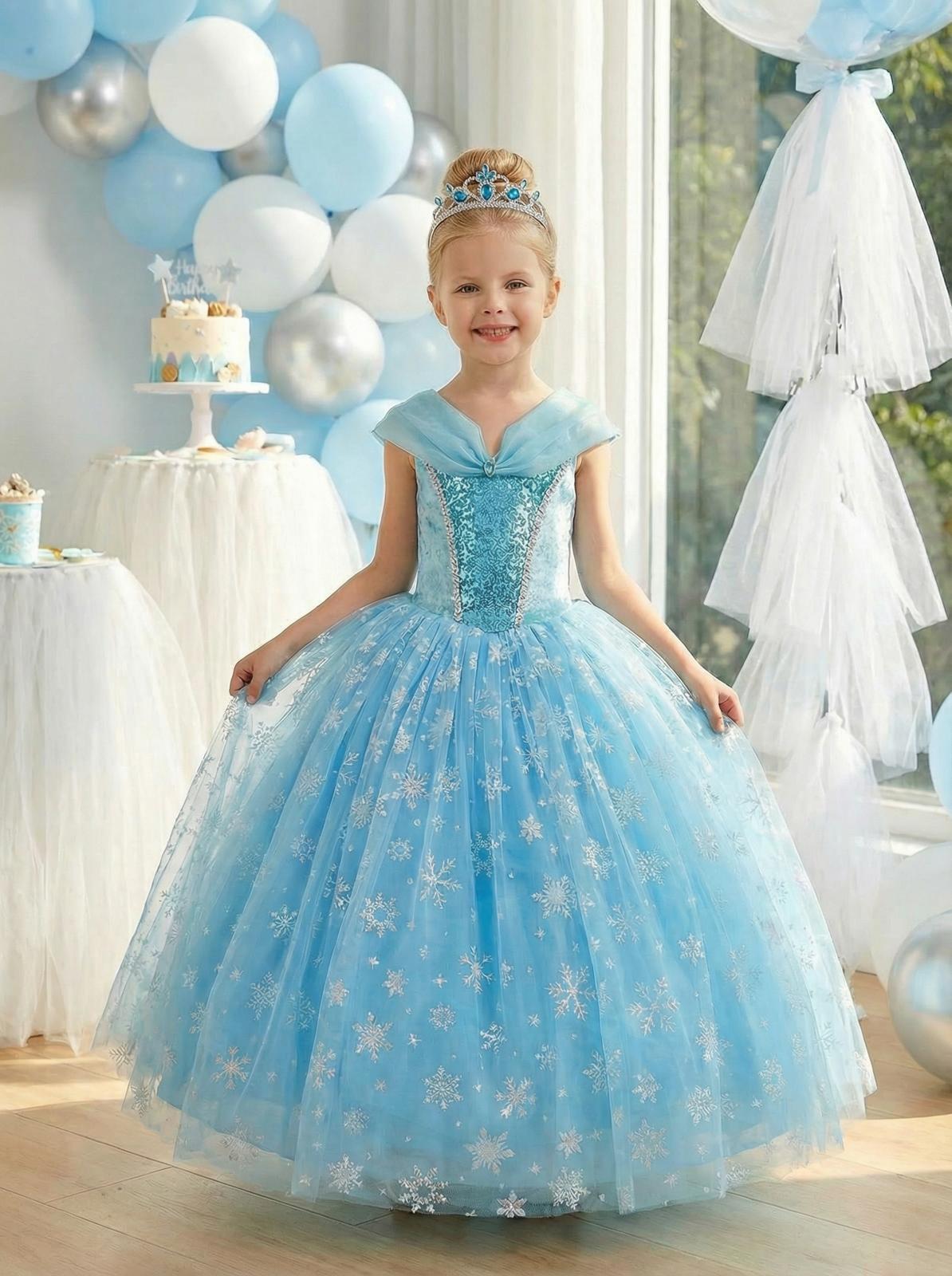 Kız Çocuk Kostüm Mavi Elsa Frozen   Düşük Omuz Detaylı Kasnaklı Kabarık Elsa Kostüm 3-8 Yaş TAÇ HEDİYELİ