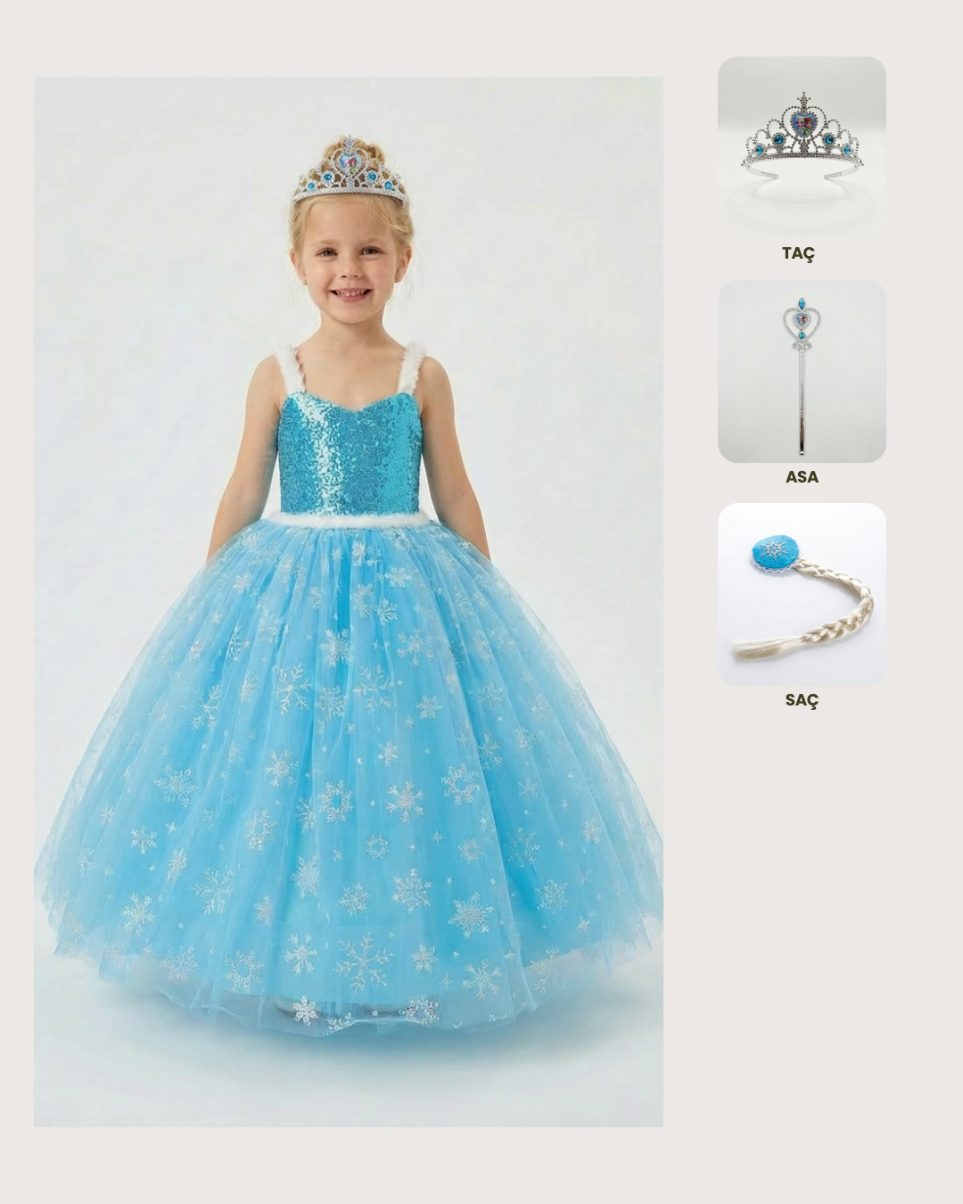 Frozen Elsa Kostümü Askılı Kız Çocuk Prenses Elbisesi Taç  Asa Saç Hediyeli